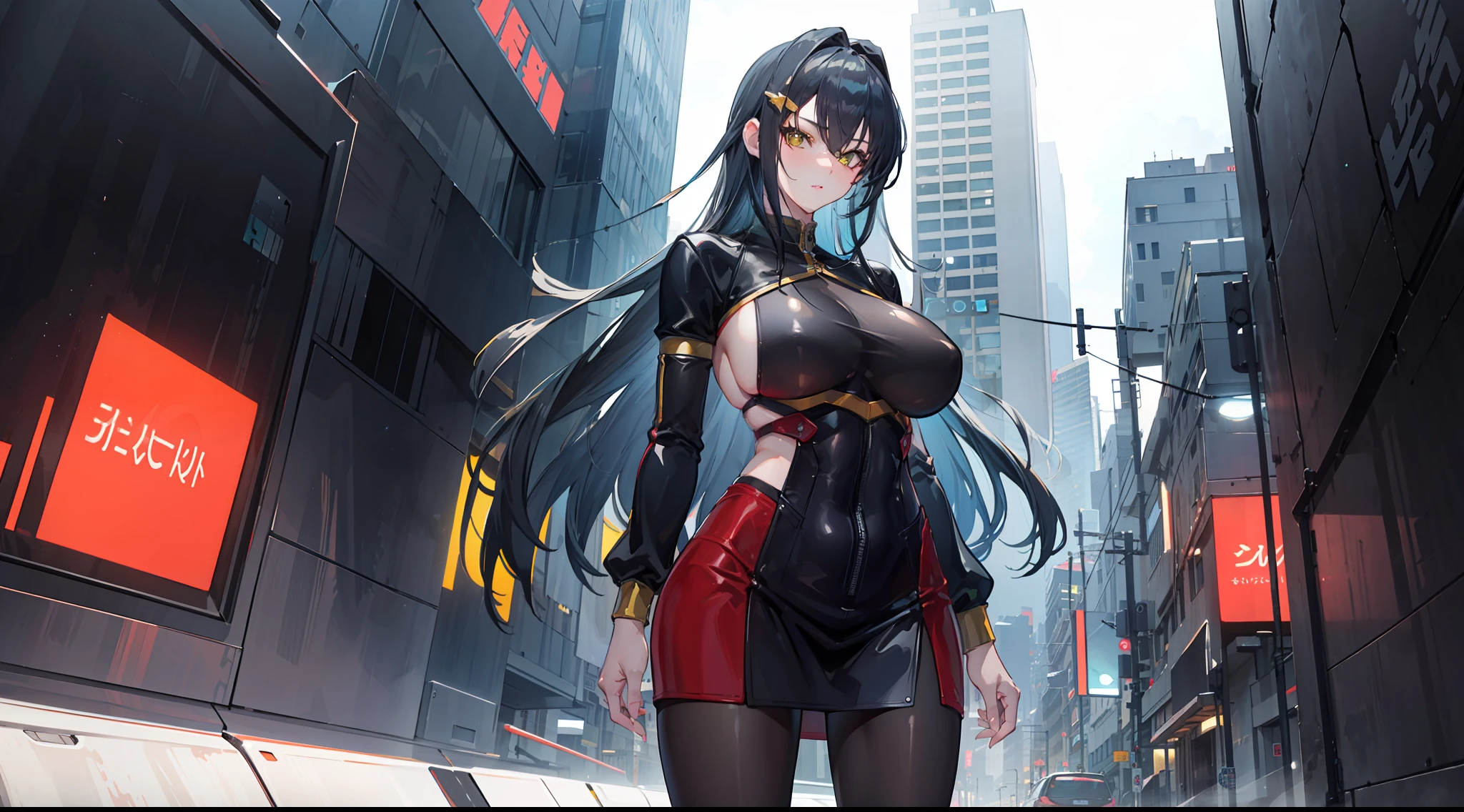 professional artwork, Intricate Details, field of view, sharp focus, detailed painting, photorealistic lighting, trending on pixiv, Standing at attention, black outfit ,yellow collared shirt,black and red bodysuit,skin_tight,black legwear, black pantyhose, Side_boob, black hair,very long hair, Bangs,yellow eyes,makeup, lipstick, 20yo,mature female,Beautiful Finger,Beautiful long legs,Beautiful body,Beautiful Nose,Beautiful character design, perfect eyes, perfect face, looking at viewer,official art,extremely detailed CG unreal engine 8k wallpaper, perfect lighting,Colorful, Bright_Front_face_Lighting, (masterpiece:1.0),(best_quality:1.0), ultra high res,4K,ultra-detailed, photography, 8K, HDR, highres, absurdres:1.2, Kodak portra 400, film grain, blurry background, (Beautiful,large_Breasts:1.4), (beautiful_face:1.5),(narrow_waist), (solo:1.4), ((landscape dimension)), rich detailed makeup, rich detailed eyeshadow, rich detailed lips, rich detailed lipstick, eyes lens, beautiful eyes lens, ultra detailed eyes, (solo:1.4)