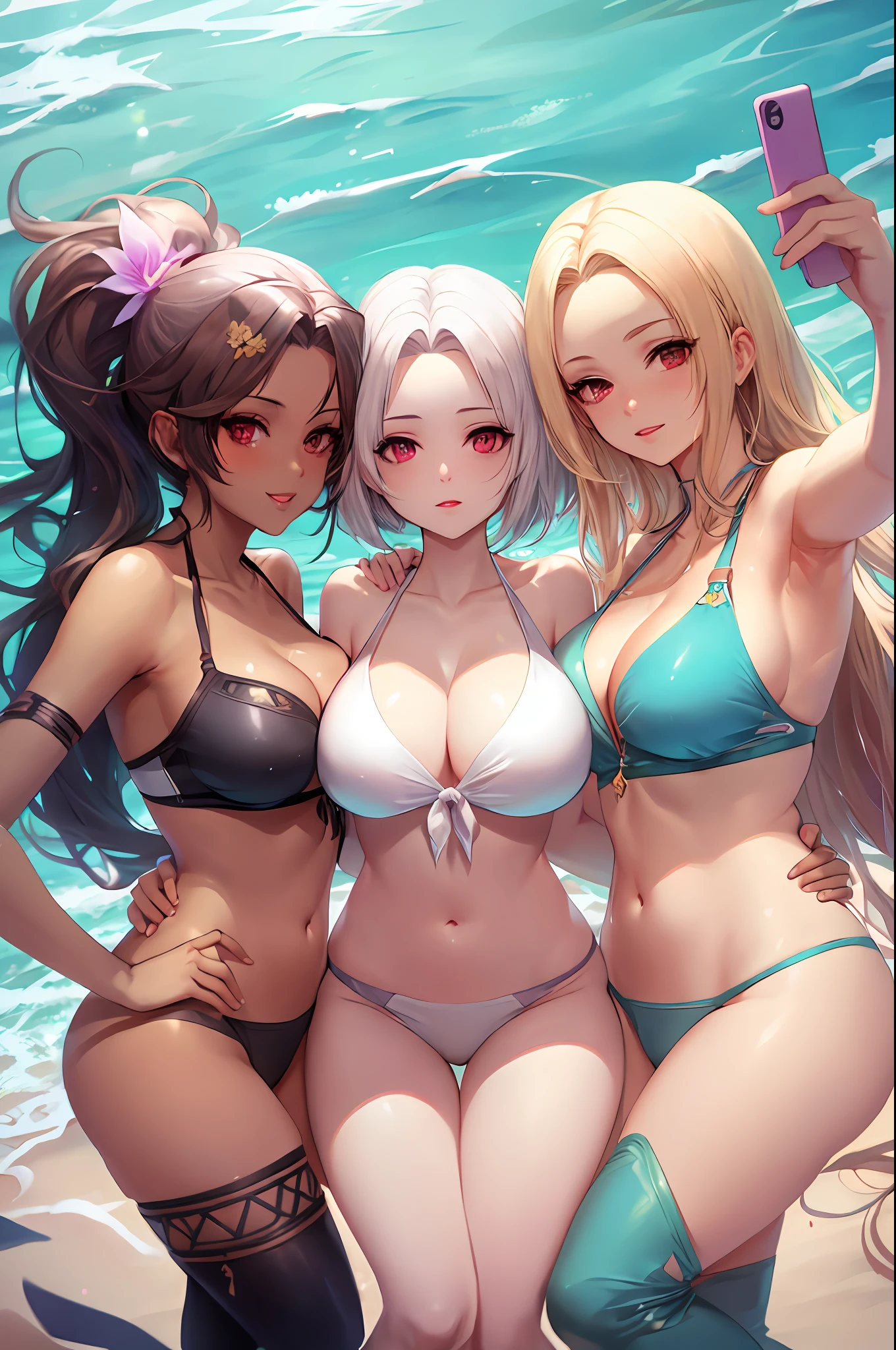 Three elezen women, final fantasy 14, elezen, in colorful bikinis posing on the beach, selfie, large breasts, random hair styles, elegant makeup, white gloves, beautiful, perfect skin, 8k resolution, perfect lighting, perfect face, perfect shading, extreme detail, shining, from above, group hug, taking selfie with smartphone:1.5, tanned skin, bright lighting