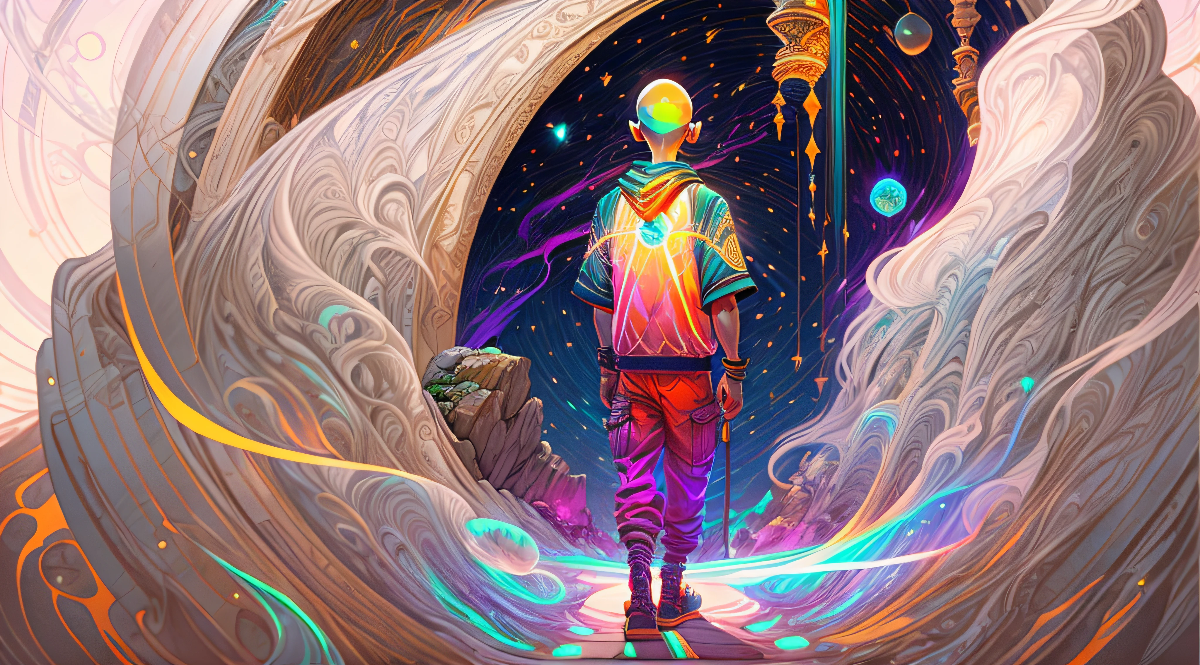 Realistic scene of a boy walking on a Mysterious path in a cave looking at a Portal , Craft an exquisite, high-resolution 4K masterpiece Draw a young caramel skin Male with bald Hair, standing on a Mysterious path floating in the middle of an alternate Dimension Leading to a Portal , turn his back on viewers , from behind , surrounded by Colorful energy Orbs glowing with fiery auras BREAK Dramatic lighting from distant SHooting stars Glistening like Diamonds illuminates the scene, casting deep shadows on the Clothing wearing streetwear Gucci Mink Designer Outfit, looking at the Portal and mysterious Contrasting colors on the other side with wonder and Awe with curiosity ,BREAK,Detailed,Realistic,4k highly detailed digital art,octane render, bioluminescent, BREAK 8K resolution concept art, realism,by Mappa studios,masterpiece,best quality,official art,illustration,ligne claire,(cool_color),perfect composition,absurdres, fantasy,focused,rule of thirds. The piece should be intricately detailed, inspired by the techniques of renowned artists such as Ryan Yee, Sachin Teng, JC Leyendecker, Jen Bartel, Beeple, and James Jean, with a particular emphasis on Sachin Teng's style.
The artwork should reflect the aesthetic of Shin Hanga, a winner of the Behance contest, and should achieve perfect symmetry. The subject of the portrait is Bald Hair Caramel skin Male. The atmosphere should be ethereal, with smoke, white light, and strong light elements.
Incorporate elements of surrealism into the piece, with ultra-detailed features and glowing eyes. The full-body shot should also include a close-up of the body, with Akuma holding weapons - a katana and a double dragon winding.
The color palette should be dominated by a mesmerizing blue light, and a bracer should be part of the attire. The piece should be available in HD, Ultra HD, and 4K resolutions. Finally, to add a dramatic effect, include a thunderous backdrop to the scene, creating a surreal and captivating masterpiece.