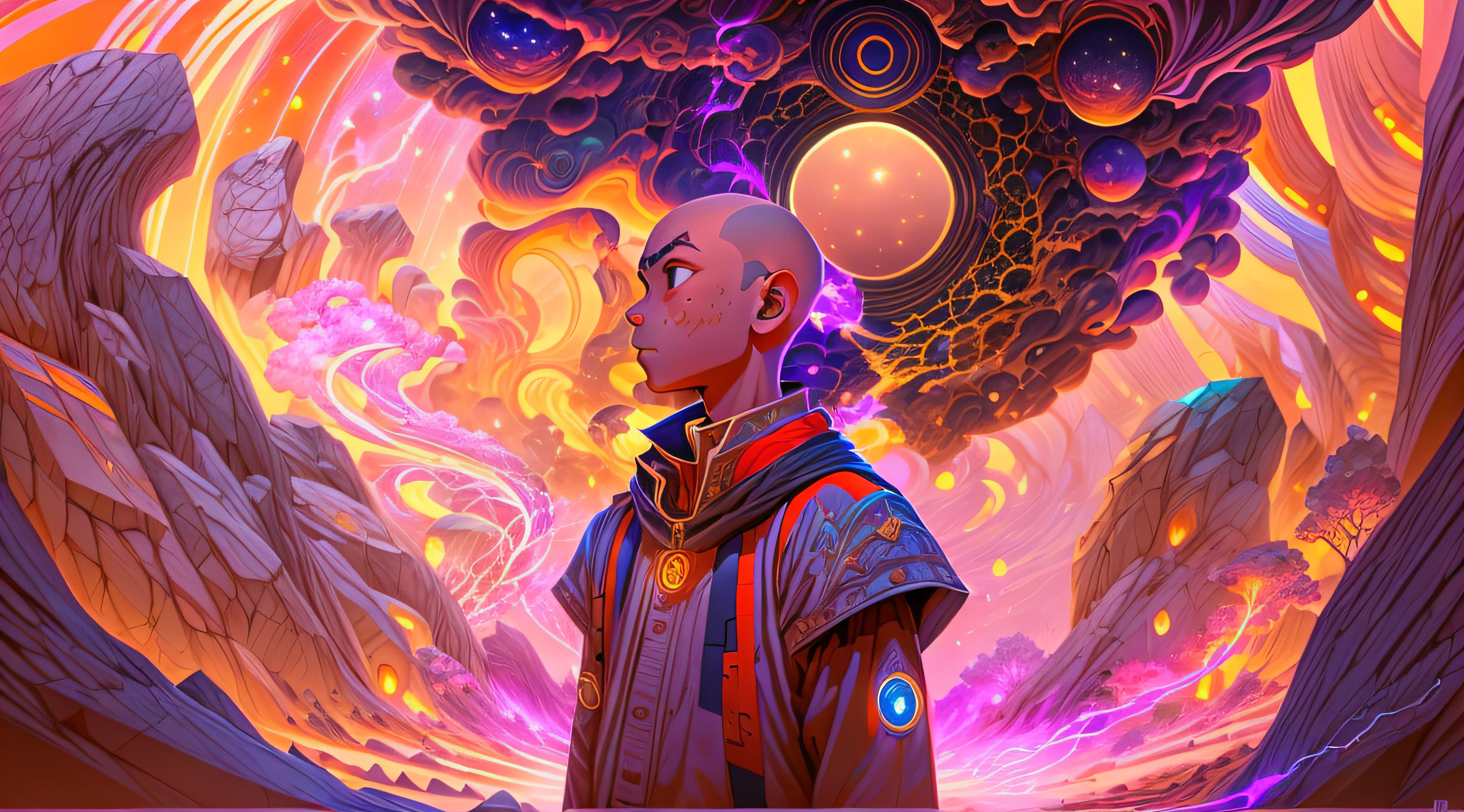 Realistic scene of a boy walking on a Mysterious path in a cave looking at a Portal , Craft an exquisite, high-resolution 4K masterpiece Draw a young caramel skin Male with bald Hair, standing on a Mysterious path floating in the middle of an alternate Dimension Leading to a Portal , turn his back on viewers , from behind , surrounded by Colorful energy Orbs glowing with fiery auras BREAK Dramatic lighting from distant SHooting stars Glistening like Diamonds illuminates the scene, casting deep shadows on the Clothing wearing streetwear Gucci Mink Designer Outfit, looking at the Portal and mysterious Contrasting colors on the other side with wonder and Awe with curiosity ,BREAK,Detailed,Realistic,4k highly detailed digital art,octane render, bioluminescent, BREAK 8K resolution concept art, realism,by Mappa studios,masterpiece,best quality,official art,illustration,ligne claire,(cool_color),perfect composition,absurdres, fantasy,focused,rule of thirds. The piece should be intricately detailed, inspired by the techniques of renowned artists such as Ryan Yee, Sachin Teng, JC Leyendecker, Jen Bartel, Beeple, and James Jean, with a particular emphasis on Sachin Teng's style.
The artwork should reflect the aesthetic of Shin Hanga, a winner of the Behance contest, and should achieve perfect symmetry. The subject of the portrait is Bald Hair Caramel skin Male. The atmosphere should be ethereal, with smoke, white light, and strong light elements.
Incorporate elements of surrealism into the piece, with ultra-detailed features and glowing eyes. The full-body shot should also include a close-up of the body, with Akuma holding weapons - a katana and a double dragon winding.
The color palette should be dominated by a mesmerizing blue light, and a bracer should be part of the attire. The piece should be available in HD, Ultra HD, and 4K resolutions. Finally, to add a dramatic effect, include a thunderous backdrop to the scene, creating a surreal and captivating masterpiece.