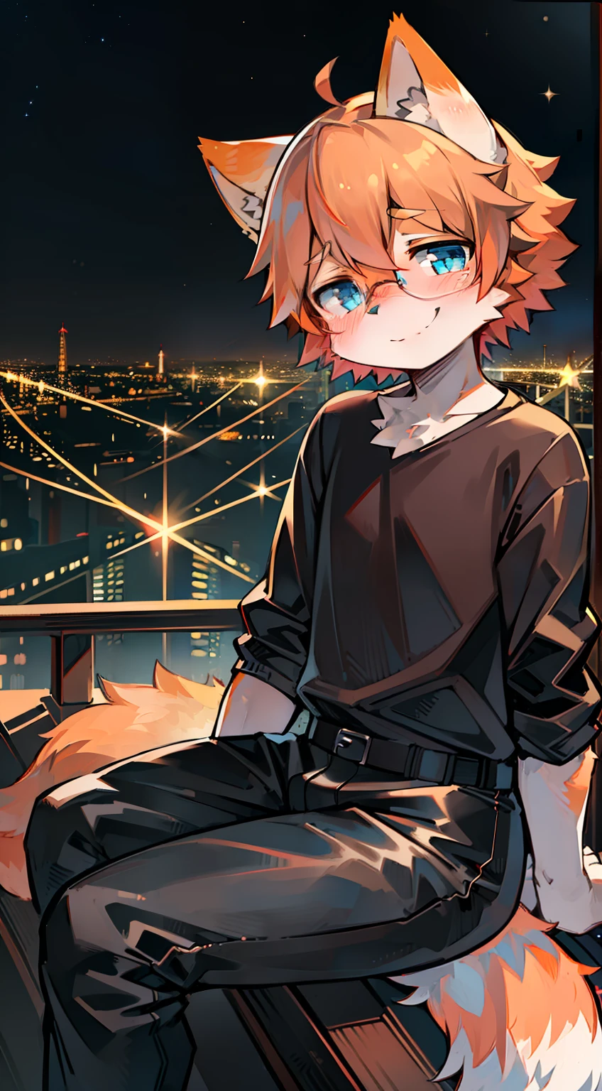 solo, kemono, blue eye, blushes, orange and white hair, wear black shirt, wear shorts latex pants, wear glasses, wear red bow, fluffy tail, turn to look at camera, smile to camera, sitting on high tower, star particles, night time, city background, more light in city