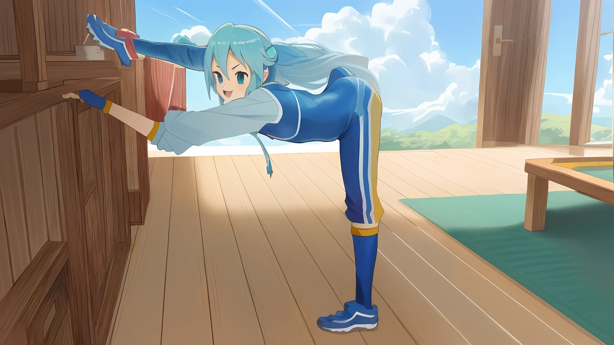stretch、blue-sky、aqua from konosuba、2 d anime style、gymnastic suit