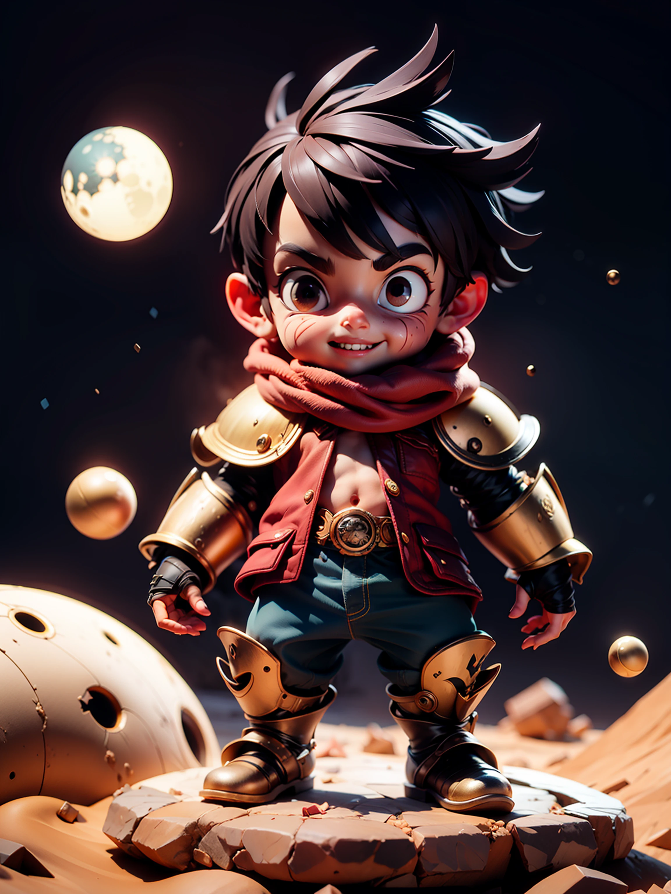 tmasterpiece, Best quality at best, ultra - detailed, Child Luffy,Silver metal armor,The armor is old,黑The eye,Perfect eyes,An innocent smile,focus-on,Red clothes,Lunar surface,face to the viewer