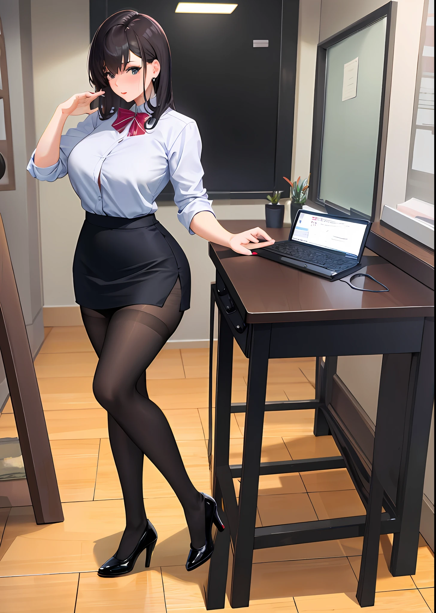 full body photo of a beautiful sexy secretary wearing extremely short skirt and seamed stockings, stands_straight, ((solo)), adult, in the office, high heels, craves sex, strokes_herself