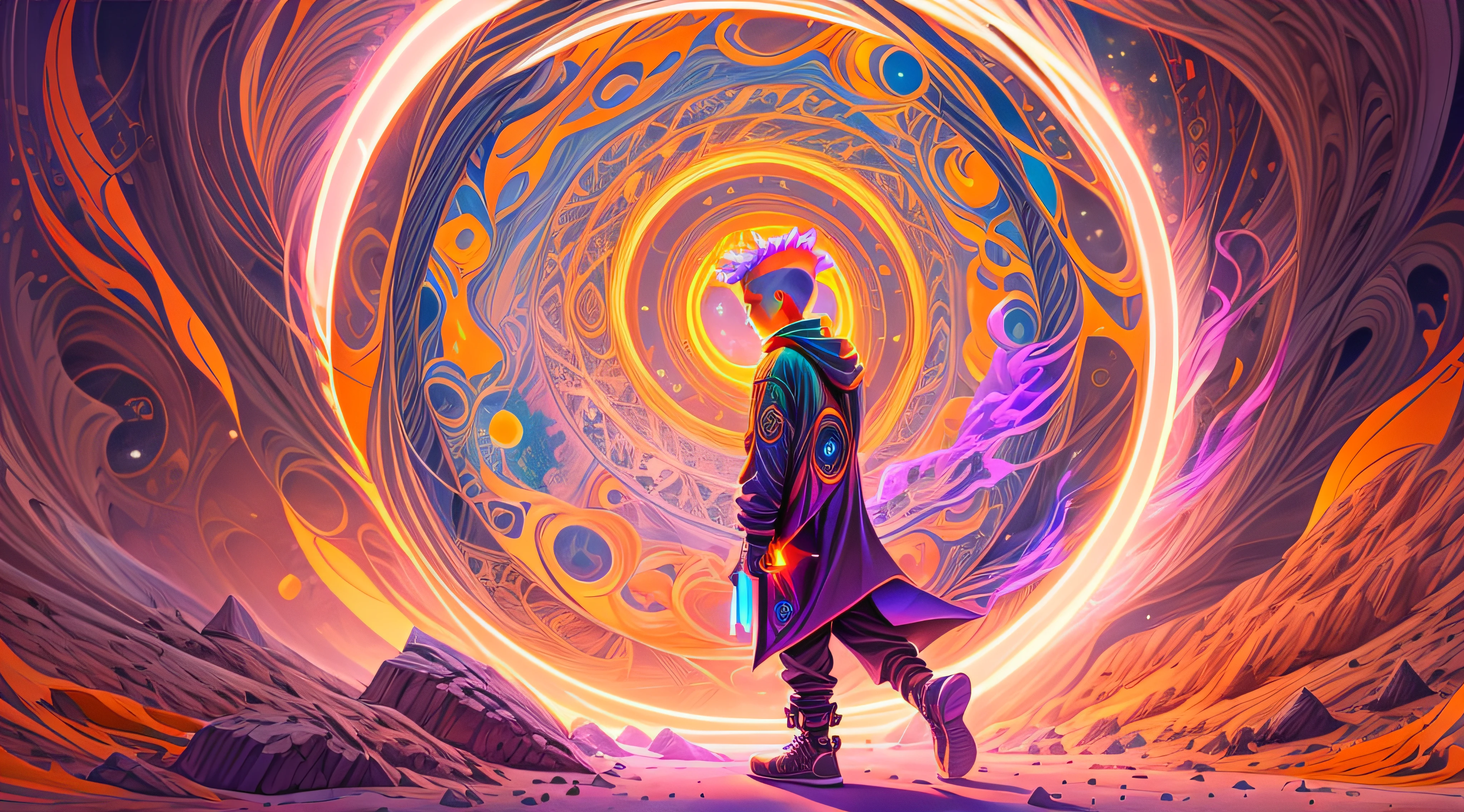 Realistic scene of a boy walking on a Mysterious path in a cave looking at a Portal , Craft an exquisite, high-resolution 4K masterpiece Draw a young caramel skin Male with bald Hair, standing on a Mysterious path floating in the middle of an alternate Dimension Leading to a Portal , turn his back on viewers , from behind , surrounded by Colorful energy Orbs glowing with fiery auras BREAK Dramatic lighting from distant SHooting stars Glistening like Diamonds illuminates the scene, casting deep shadows on the Clothing wearing streetwear Gucci Mink Designer Outfit, looking at the Portal and mysterious Contrasting colors on the other side with wonder and Awe with curiosity ,BREAK,Detailed,Realistic,4k highly detailed digital art,octane render, bioluminescent, BREAK 8K resolution concept art, realism,by Mappa studios,masterpiece,best quality,official art,illustration,ligne claire,(cool_color),perfect composition,absurdres, fantasy,focused,rule of thirds. The piece should be intricately detailed, inspired by the techniques of renowned artists such as Ryan Yee, Sachin Teng, JC Leyendecker, Jen Bartel, Beeple, and James Jean, with a particular emphasis on Sachin Teng's style. 

The artwork should reflect the aesthetic of Shin Hanga, a winner of the Behance contest, and should achieve perfect symmetry. The subject of the portrait is Bald Hair Caramel skin Male. The atmosphere should be ethereal, with smoke, white light, and strong light elements. 

Incorporate elements of surrealism into the piece, with ultra-detailed features and glowing eyes. The full-body shot should also include a close-up of the body, with Akuma holding weapons - a katana and a double dragon winding. 

The color palette should be dominated by a mesmerizing blue light, and a bracer should be part of the attire. The piece should be available in HD, Ultra HD, and 4K resolutions. Finally, to add a dramatic effect, include a thunderous backdrop to the scene, creating a surreal and captivating masterpiece.