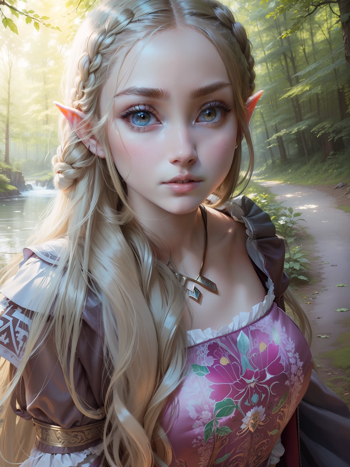 (best quality:1.2, masterpiece:1.2), (detailed eye:1.2), intricate detail, depth of field, 1girl, standing, upper body, princess zelda, long hair, forest, looking at viewer.