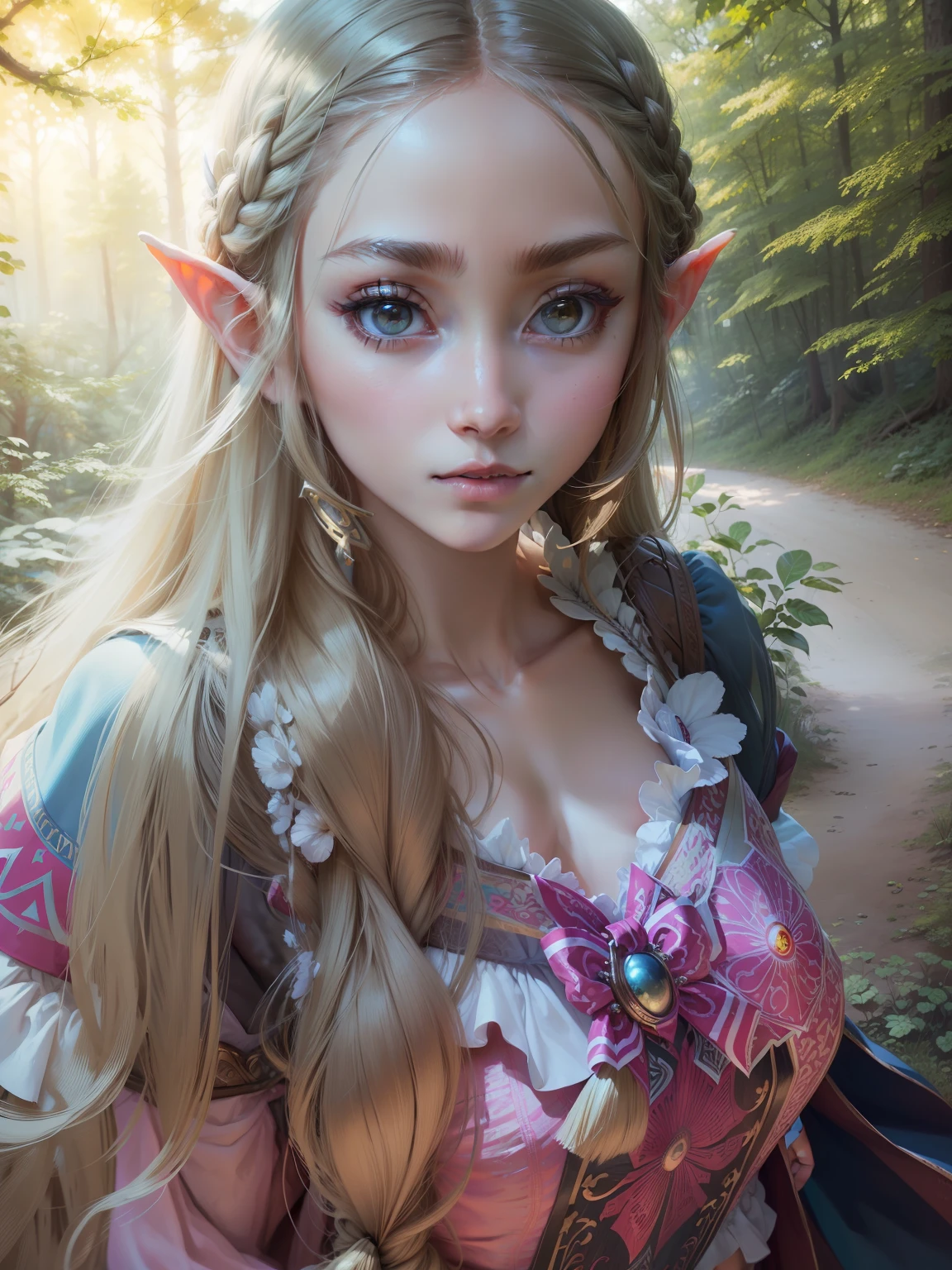 (best quality:1.2, masterpiece:1.2), (detailed eye:1.2), intricate detail, depth of field, 1girl, standing, upper body, princess zelda, long hair, forest, looking at viewer.