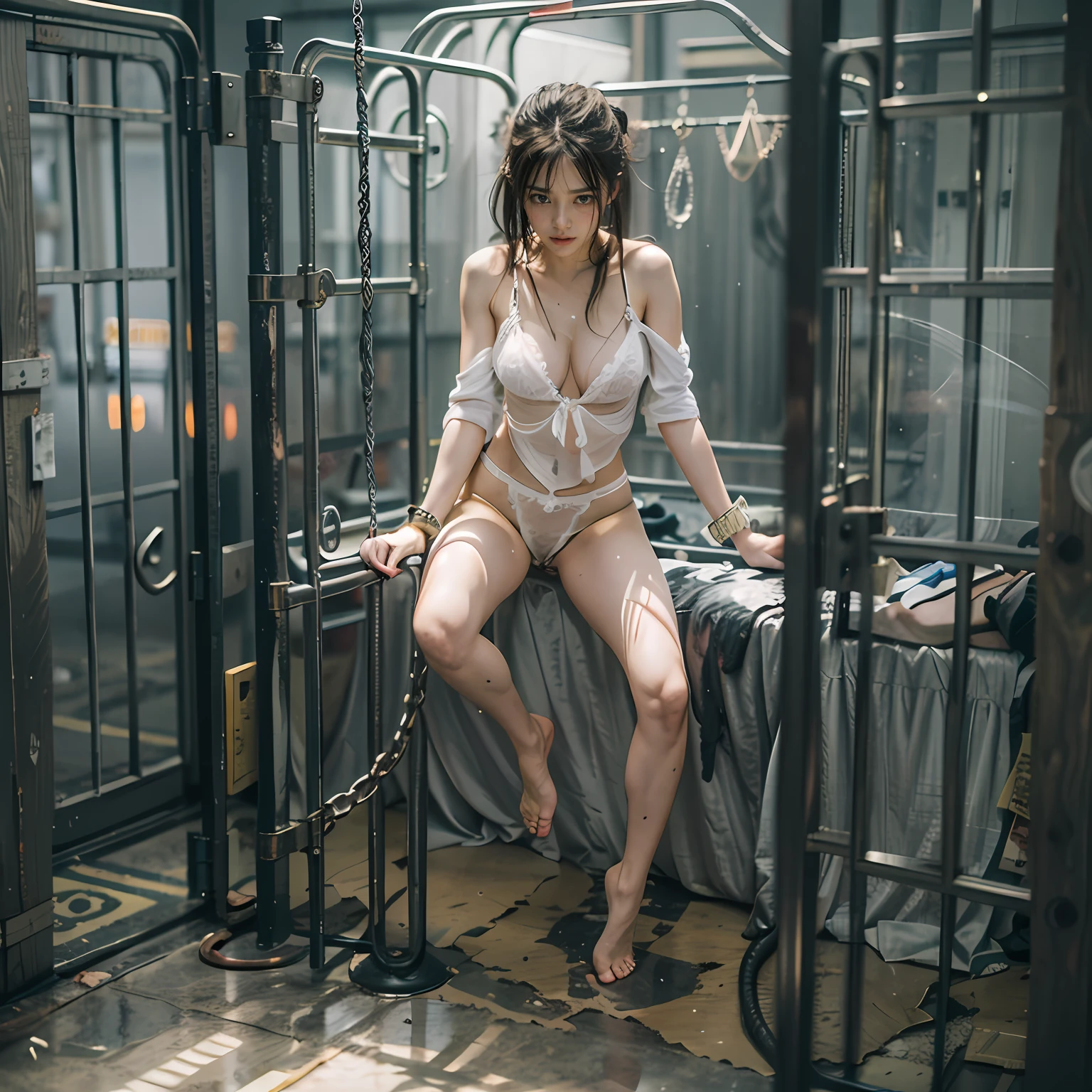 jail cell,There are handcuffs and leg irons on the floor,All kinds of torture instruments,Hands are randomly tied,Crying in despair,Sexy standing pose,Random white sexy lingerie,Full body portrait 1.1,18 years old girls,lean and slender body,Skinny,Smaller bust,The barefoot,Leaky ,Leakage of all breasts,Naked all over the body,facing to audience,Resident Evil