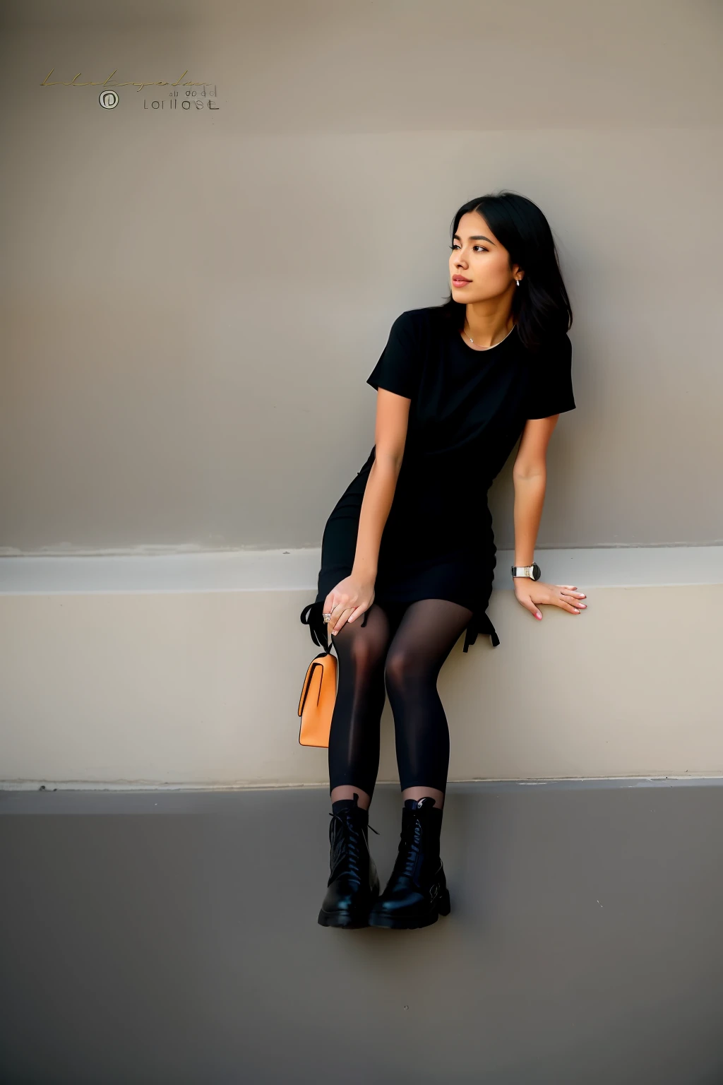 araffe sitting on a wall with her legs crossed and her hand on her hip, holding bag,watchwearing black modern clothes, wearing a black dress, wearing in black clothes, wearing black clothes, wearing black stylish clothing, casual black clothing, she is wearing a black dress, wearing black dress, wearing a dark dress, wearing black boots, black outfit,