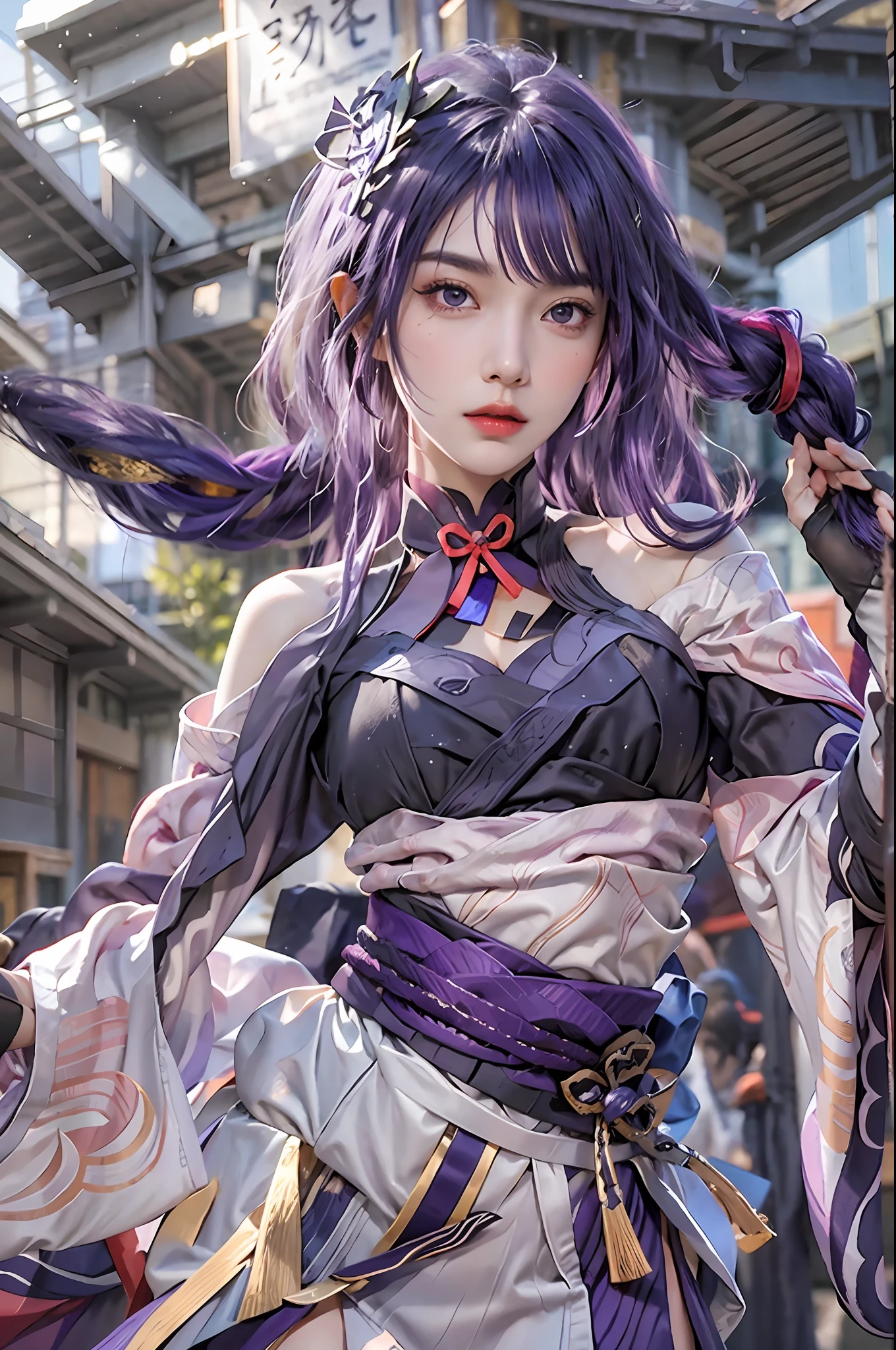 photorealistic, high resolution, 1women, solo, hips up, look at viewer, (detailed face), narrow waist, closed lips, purple hair, long hair,Raiden Shogun \(genshin impact\), jewelry