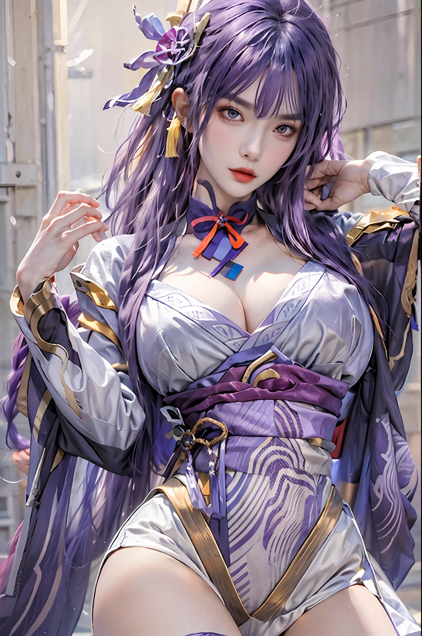 photorealistic, high resolution, 1women, solo, hips up, look at viewer, (detailed face), narrow waist, closed lips, purple hair, long hair,Raiden Shogun \(genshin impact\), jewelry