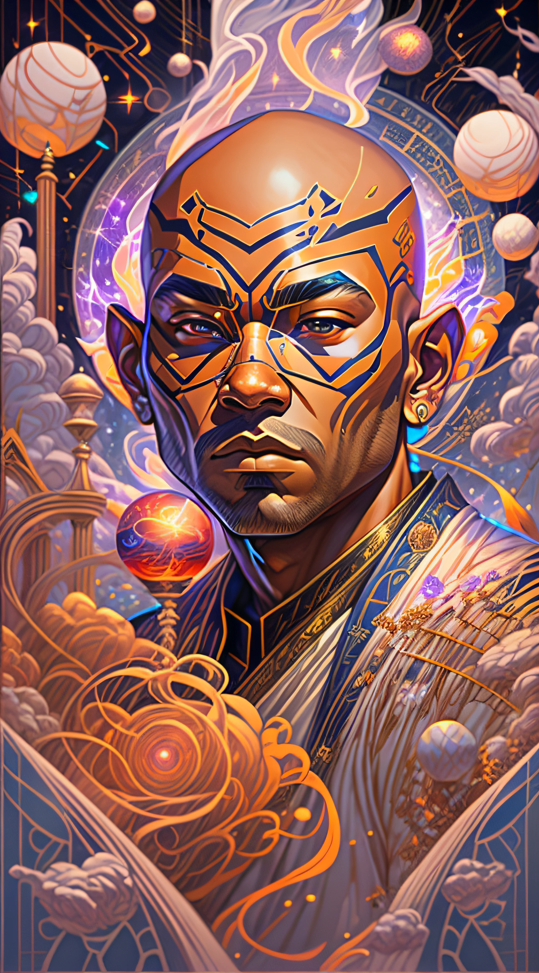 Craft an exquisite, high-resolution 4K masterpiece Draw a young caramel skin Male with bald Hair, standing on a Mysterious path floating in the middle of an alternate Dimension Leading to a Portal , turn his back on viewers , from behind , surrounded by Colorful energy Orbs glowing with fiery auras BREAK Dramatic lighting from distant SHooting stars Glistening like Diamonds illuminates the scene, casting deep shadows on the Clothing wearing streetwear Gucci Mink Designer Outfit, looking at the Portal and mysterious Contrasting colors on the other side with wonder and Awe with curiosity ,BREAK,Detailed,Realistic,4k highly detailed digital art,octane render, bioluminescent, BREAK 8K resolution concept art, realism,by Mappa studios,masterpiece,best quality,official art,illustration,ligne claire,(cool_color),perfect composition,absurdres, fantasy,focused,rule of thirds. The piece should be intricately detailed, inspired by the techniques of renowned artists such as Ryan Yee, Sachin Teng, JC Leyendecker, Jen Bartel, Beeple, and James Jean, with a particular emphasis on Sachin Teng's style.
The artwork should reflect the aesthetic of Shin Hanga, a winner of the Behance contest, and should achieve perfect symmetry. The subject of the portrait is Bald Hair Caramel skin Male. The atmosphere should be ethereal, with smoke, white light, and strong light elements.
Incorporate elements of surrealism into the piece, with ultra-detailed features and glowing eyes. The full-body shot should also include a close-up of the body, with Akuma holding weapons - a katana and a double dragon winding.
The color palette should be dominated by a mesmerizing blue light, and a bracer should be part of the attire. The piece should be available in HD, Ultra HD, and 4K resolutions. Finally, to add a dramatic effect, include a thunderous backdrop to the scene, creating a surreal and captivating masterpiece.
