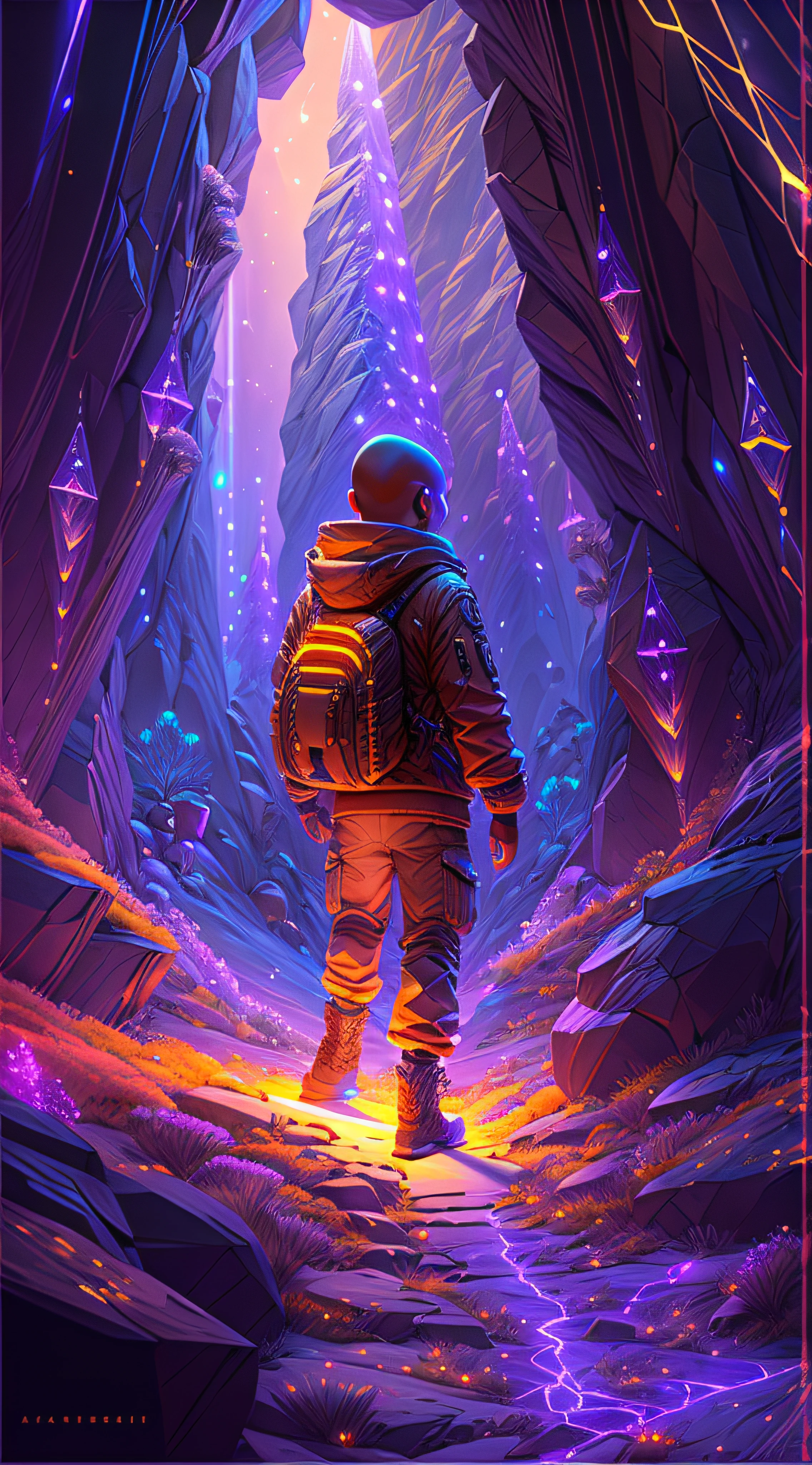 Realistic scene of a boy walking on a Mysterious path in a cave looking at a Portal , concept art inspired by Beeple, trending on Artstation, conceptual art, 3 d render beeple, beeple masterpiece, beeple rendering, beeple artwork, artgem and beeple masterpiece, in style of beeple, beeple art, beeple daily art, Designed by Nalisten for Realverse, Draw a young caramel skin Male with bald Hair, Walking inside a Huge mountain cave on a Mysterious path floating in the middle of Huge Cave mountain Opening Leading to a Portal an alternate Dimension , turn his back on viewers , from behind , surrounded by Colorful shiny Crystals Glisstening and sparkling in the camera and energy Orbs glowing with fiery auras BREAK Dramatic lighting from distant SHooting stars Glistening like Diamonds illuminates the scene, casting deep shadows on the Clothing wearing streetwear Gucci Mink Designer Outfit, looking at the Portal and mysterious Contrasting colors on the other side with wonder and Awe with curiosity ,BREAK,Detailed,Realistic,4k highly detailed digital art,octane render, bioluminescent, BREAK 8K resolution concept art, realism,by Mappa studios,masterpiece,best quality,official art,illustration,ligne claire,(cool_color),perfect composition,absurdres, fantasy,focused,rule of thirds