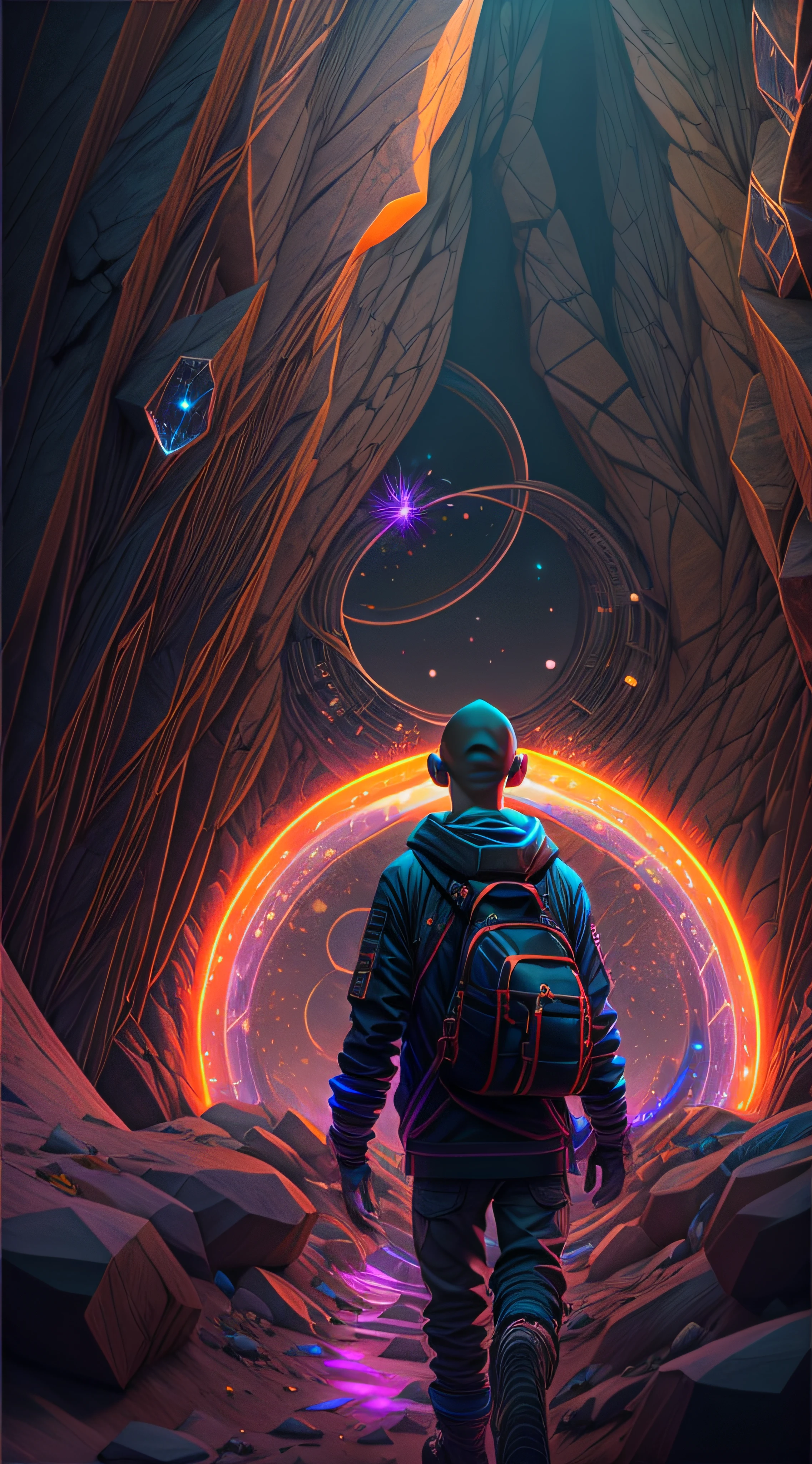 Realistic scene of a boy walking on a Mysterious path in a cave looking at a Portal , concept art inspired by Beeple, trending on Artstation, conceptual art, 3 d render beeple, beeple masterpiece, beeple rendering, beeple artwork, artgem and beeple masterpiece, in style of beeple, beeple art, beeple daily art, Designed by Nalisten for Realverse, Draw a young caramel skin Male with bald Hair, Walking inside a Huge mountain cave on a Mysterious path floating in the middle of Huge Cave mountain Opening Leading to a Portal an alternate Dimension , turn his back on viewers , from behind , surrounded by Colorful shiny Crystals Glisstening and sparkling in the camera and energy Orbs glowing with fiery auras BREAK Dramatic lighting from distant SHooting stars Glistening like Diamonds illuminates the scene, casting deep shadows on the Clothing wearing streetwear Gucci Mink Designer Outfit, looking at the Portal and mysterious Contrasting colors on the other side with wonder and Awe with curiosity ,BREAK,Detailed,Realistic,4k highly detailed digital art,octane render, bioluminescent, BREAK 8K resolution concept art, realism,by Mappa studios,masterpiece,best quality,official art,illustration,ligne claire,(cool_color),perfect composition,absurdres, fantasy,focused,rule of thirds