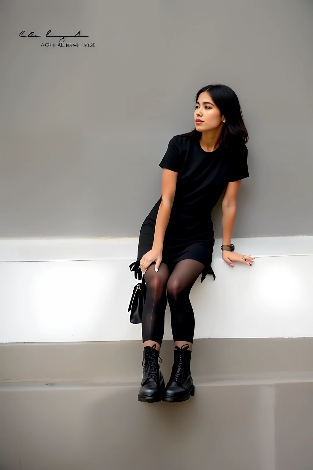 araffe sitting on a wall with her legs crossed and her hand on her hip, holding bag,watchwearing black modern clothes, wearing a black dress, wearing in black clothes, wearing black clothes, wearing black stylish clothing, casual black clothing, she is wearing a black dress, wearing black dress, wearing a dark dress, wearing black boots, black outfit,
