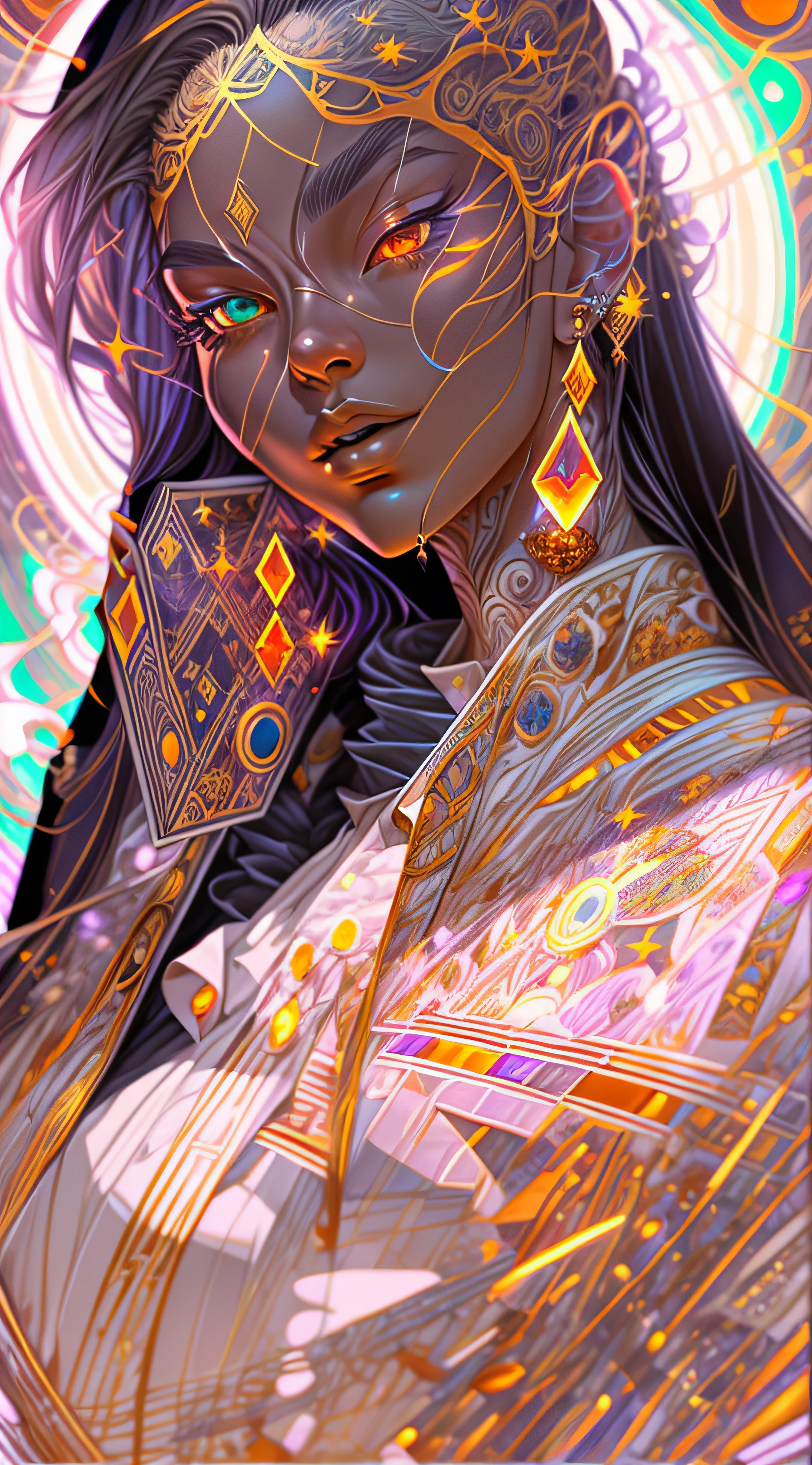 Craft an exquisite, high-resolution 4K masterpiece Draw a young caramel skin Male with bald Hair, standing on a Mysterious path floating in the middle of an alternate Dimension Leading to a Portal , turn his back on viewers , from behind , surrounded by Colorful energy Orbs glowing with fiery auras BREAK Dramatic lighting from distant SHooting stars Glistening like Diamonds illuminates the scene, casting deep shadows on the Clothing wearing streetwear Gucci Mink Designer Outfit, looking at the Portal and mysterious Contrasting colors on the other side with wonder and Awe with curiosity ,BREAK,Detailed,Realistic,4k highly detailed digital art,octane render, bioluminescent, BREAK 8K resolution concept art, realism,by Mappa studios,masterpiece,best quality,official art,illustration,ligne claire,(cool_color),perfect composition,absurdres, fantasy,focused,rule of thirds. The piece should be intricately detailed, inspired by the techniques of renowned artists such as Ryan Yee, Sachin Teng, JC Leyendecker, Jen Bartel, Beeple, and James Jean, with a particular emphasis on Sachin Teng's style.
The artwork should reflect the aesthetic of Shin Hanga, a winner of the Behance contest, and should achieve perfect symmetry. The subject of the portrait is Bald Hair Caramel skin Male. The atmosphere should be ethereal, with smoke, white light, and strong light elements.
Incorporate elements of surrealism into the piece, with ultra-detailed features and glowing eyes. The full-body shot should also include a close-up of the body, with Akuma holding weapons - a katana and a double dragon winding.
The color palette should be dominated by a mesmerizing blue light, and a bracer should be part of the attire. The piece should be available in HD, Ultra HD, and 4K resolutions. Finally, to add a dramatic effect, include a thunderous backdrop to the scene, creating a surreal and captivating masterpiece.