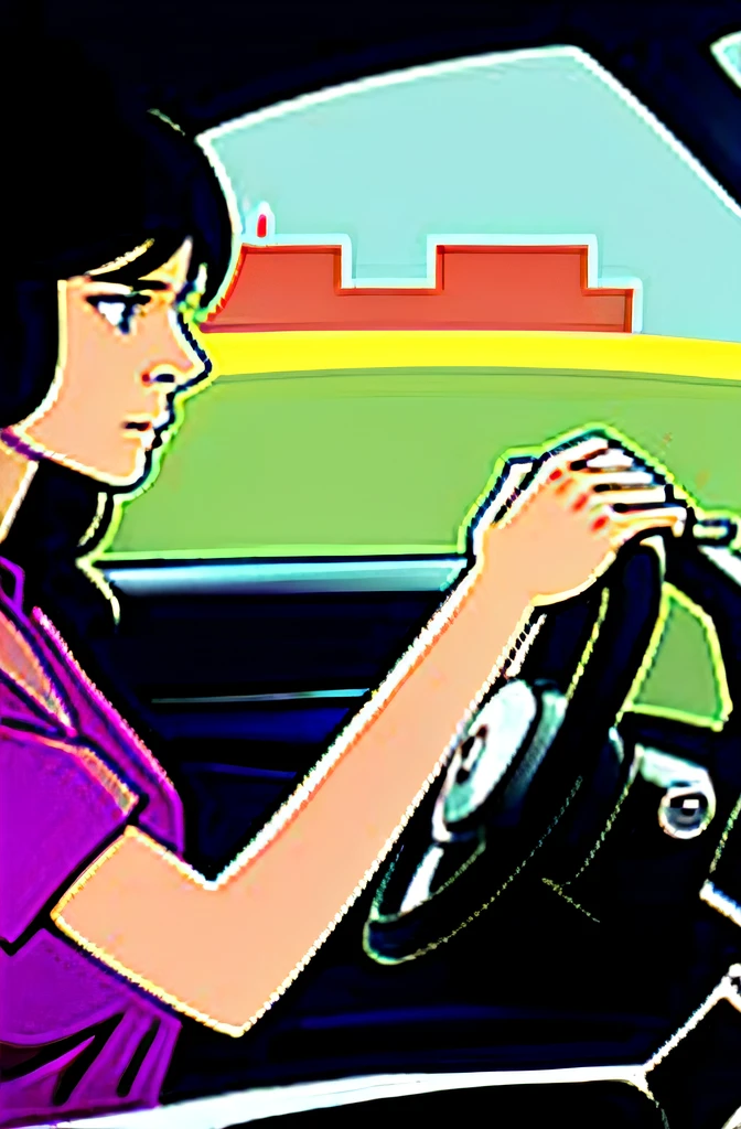 a woman driving the car with her hands on the wheel. She's concentrating looking at the highway in front of her. The girl is driving paying attention on the road. She's in social clothes. Your hands are holding tightly to the steering wheel