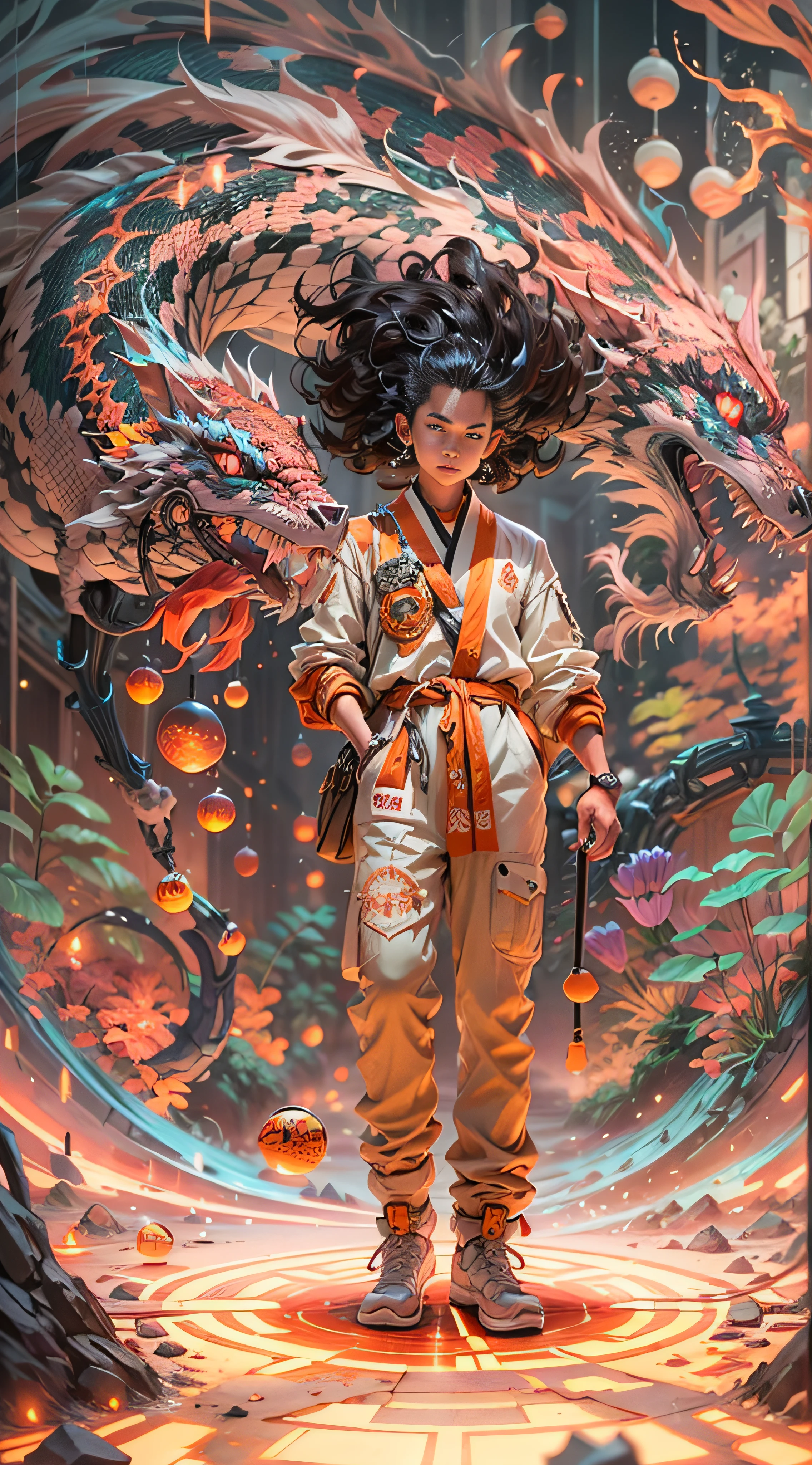Craft an exquisite, high-resolution 4K masterpiece Draw a young caramel skin Male with bald Hair, standing on a Mysterious path floating in the middle of an alternate Dimension Leading to a Portal , turn his back on viewers , from behind , surrounded by Colorful energy Orbs glowing with fiery auras BREAK Dramatic lighting from distant SHooting stars Glistening like Diamonds illuminates the scene, casting deep shadows on the Clothing wearing streetwear Gucci Mink Designer Outfit, looking at the Portal and mysterious Contrasting colors on the other side with wonder and Awe with curiosity ,BREAK,Detailed,Realistic,4k highly detailed digital art,octane render, bioluminescent, BREAK 8K resolution concept art, realism,by Mappa studios,masterpiece,best quality,official art,illustration,ligne claire,(cool_color),perfect composition,absurdres, fantasy,focused,rule of thirds. The piece should be intricately detailed, inspired by the techniques of renowned artists such as Ryan Yee, Sachin Teng, JC Leyendecker, Jen Bartel, Beeple, and James Jean, with a particular emphasis on Sachin Teng's style. 

The artwork should reflect the aesthetic of Shin Hanga, a winner of the Behance contest, and should achieve perfect symmetry. The subject of the portrait is Bald Hair Caramel skin Male. The atmosphere should be ethereal, with smoke, white light, and strong light elements. 

Incorporate elements of surrealism into the piece, with ultra-detailed features and glowing eyes. The full-body shot should also include a close-up of the body, with Akuma holding weapons - a katana and a double dragon winding. 

The color palette should be dominated by a mesmerizing blue light, and a bracer should be part of the attire. The piece should be available in HD, Ultra HD, and 4K resolutions. Finally, to add a dramatic effect, include a thunderous backdrop to the scene, creating a surreal and captivating masterpiece.