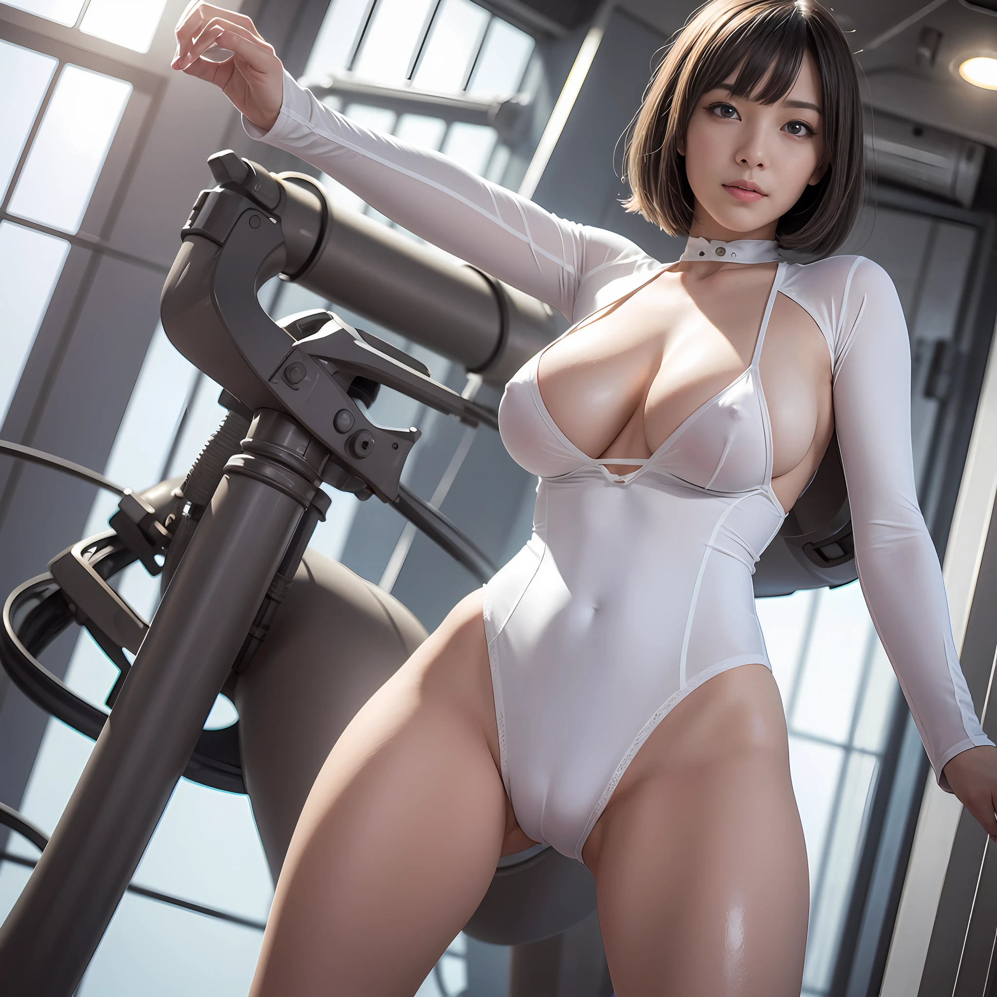 NSFW STILLSHOW, (RAW Photo: 1.2), (Photorealistic: 1.4), (Masterpiece: 1.3), (Best Quality: 1.4), Ultra High Resolution, (Detailed Eyes), (Detailed Facial Features), (Detailed Clothing Features), HDR, 8k Resolution, Solo Focus, Bangs, Skin Tightness, (Shiny Skin), (Slender Girl), Dreamy,
(extreme detailed drawing), confirmation of commentary, request for commentary, landscape, no text,
Virtual Girl Lynn, gigantic Tits,Cleavage, Bob Hair, Short Hair, Silver Hair, lightGrey Eyes,
(1 Girl:2), crotch focus,from ground view,
white diving suit,Very thin and soft fabric,teats、Nipple shadow、The shape of the pubic area is clearly visible、
Happiness, smile,