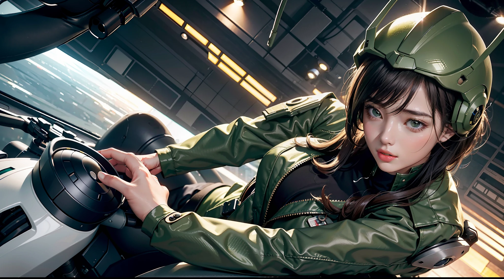 Highest image quality,Outstanding details,超高分辨率,(fidelity:1.4),The best illustration,Favor the details,Highly cohesive 1girl,He has a delicate and beautiful face,Dressed in an olive-green mech,wearing a mech helmet,Hold the direction controller,Riding on a motorcycle,The background is a high-tech lighting scene in the future city。