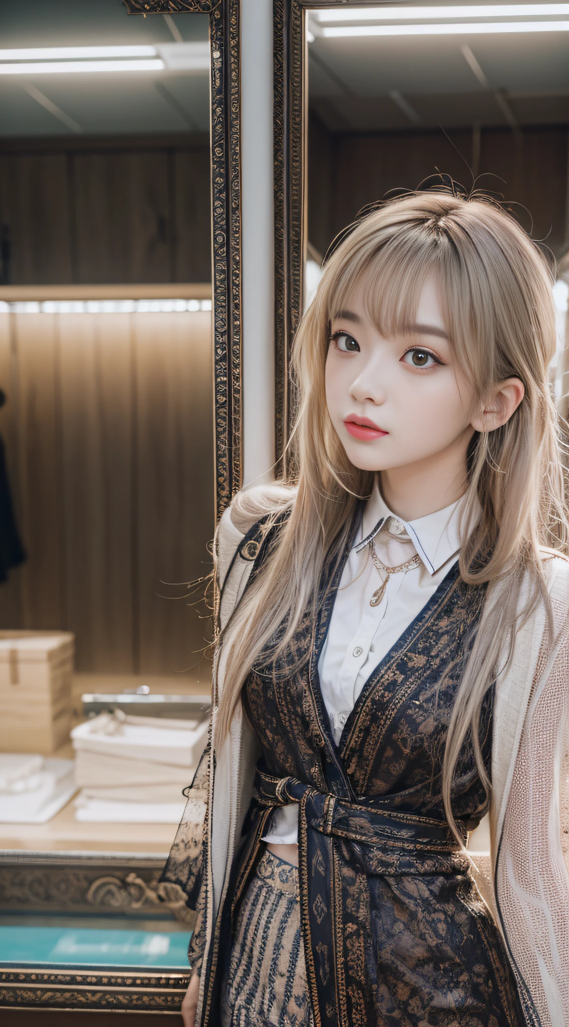 (8K, Masterpiece, Best quality), (Realistic, Photorealistic :1.2), 超高分辨率, Very detailed, Beautiful lighting, Photo background, 1girll, Solo, Looking at the audience, (full bodyesbian: 1.2), Masterpiece,highest quality, fittingroom,The long-haired, fittingroom, Close-up,Selfie feeling