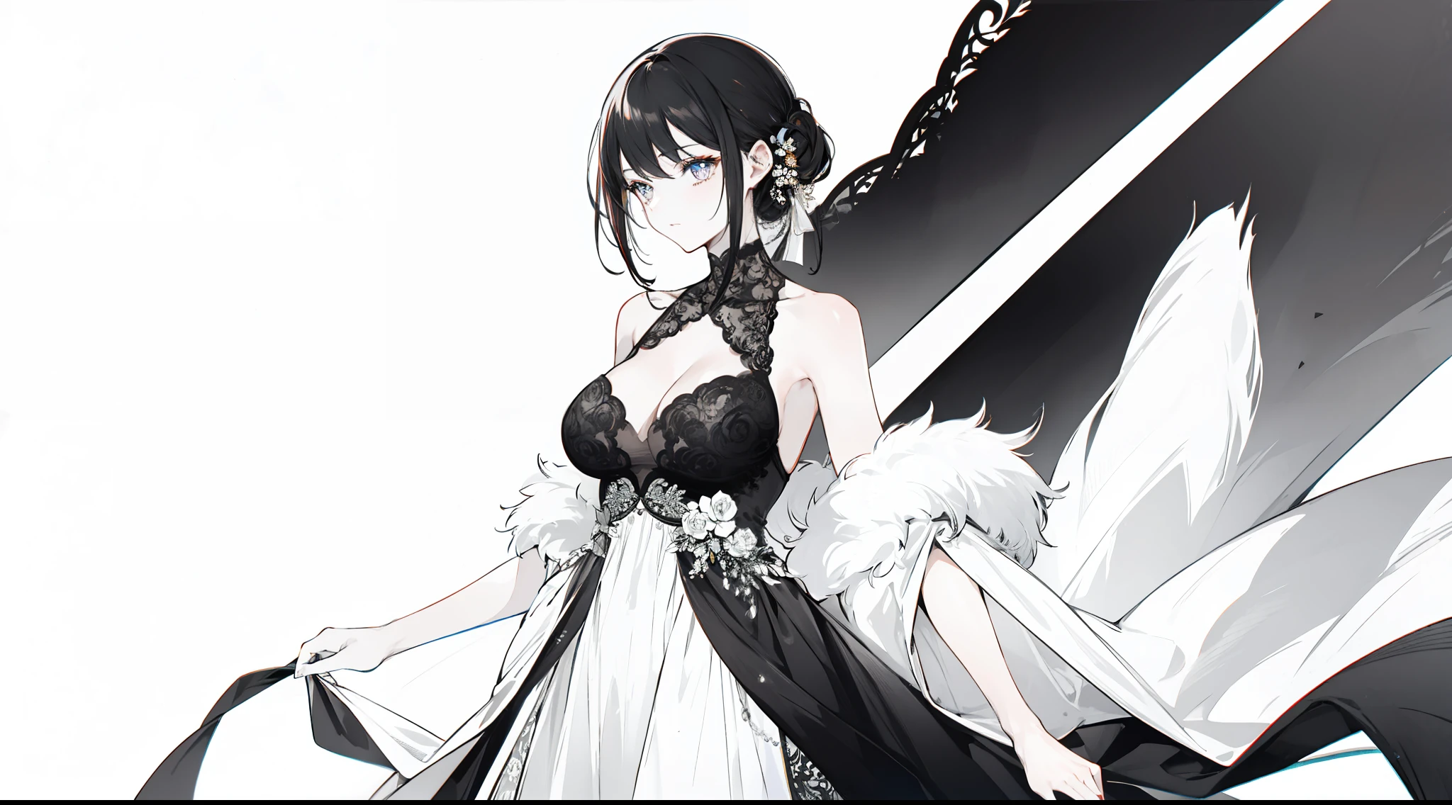 "Monochromatic, elegant mature woman with sleek, waist-length black hair, wearing a stunning black and white gown."