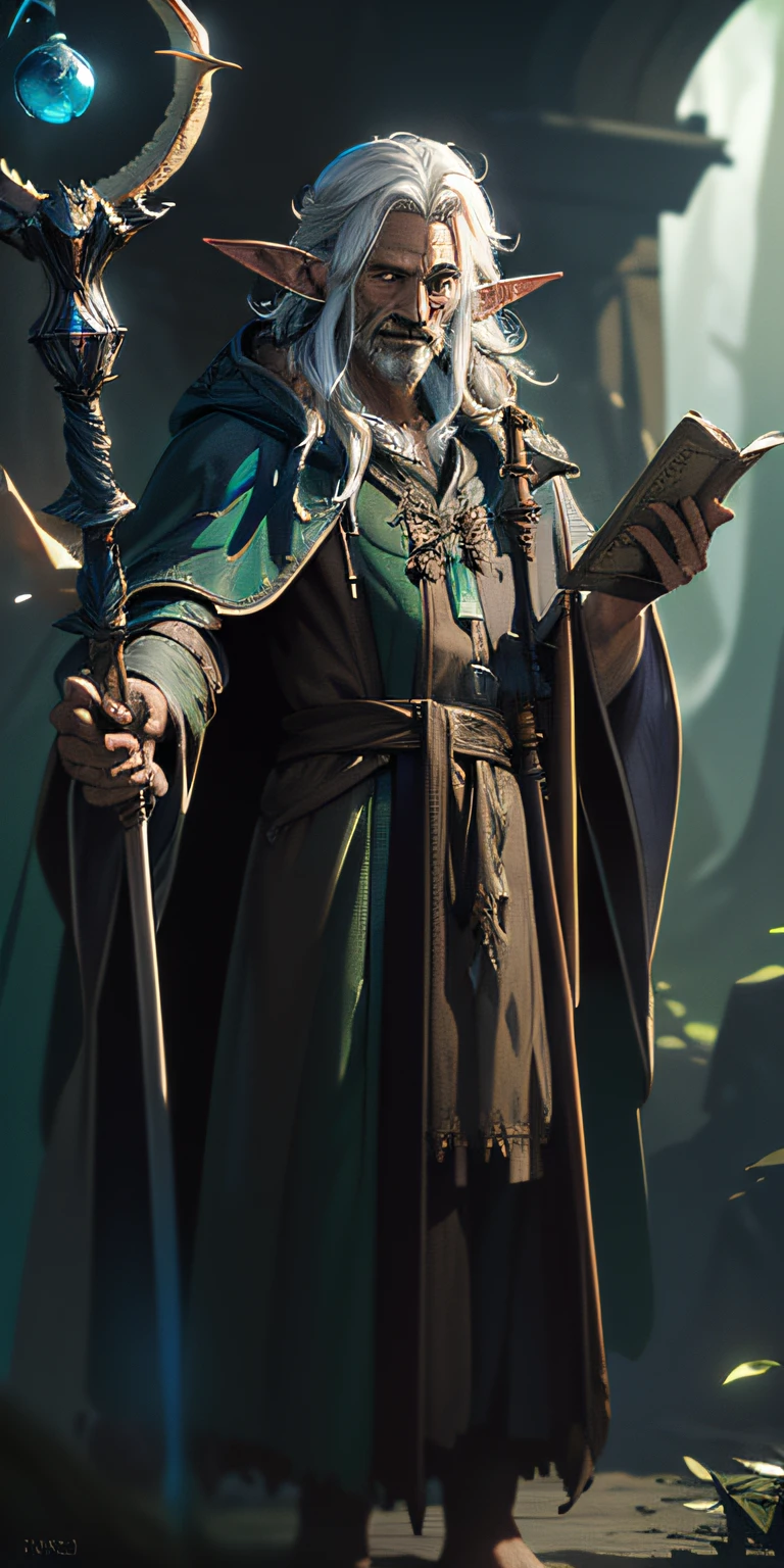 magv1ll, ((masterpiece:1.2, best quality)), 4k, close-up head, facing camera, realistic digital painting portrait of a gothic male druid, (wild hair:1.1), dark skin, elf ears, (Dungeon and Dragon:1.3), magical dark and green forest, (magical staff:1.5), (wizard robe:1.5), (abstract background:1.2), (light particle:1.1), (very detailed skin:1.2), (game concept:1.3), (arcane style:0.8), (depth of field:1.3), global illumination, full body, long white hair, starts in the sky, astrology