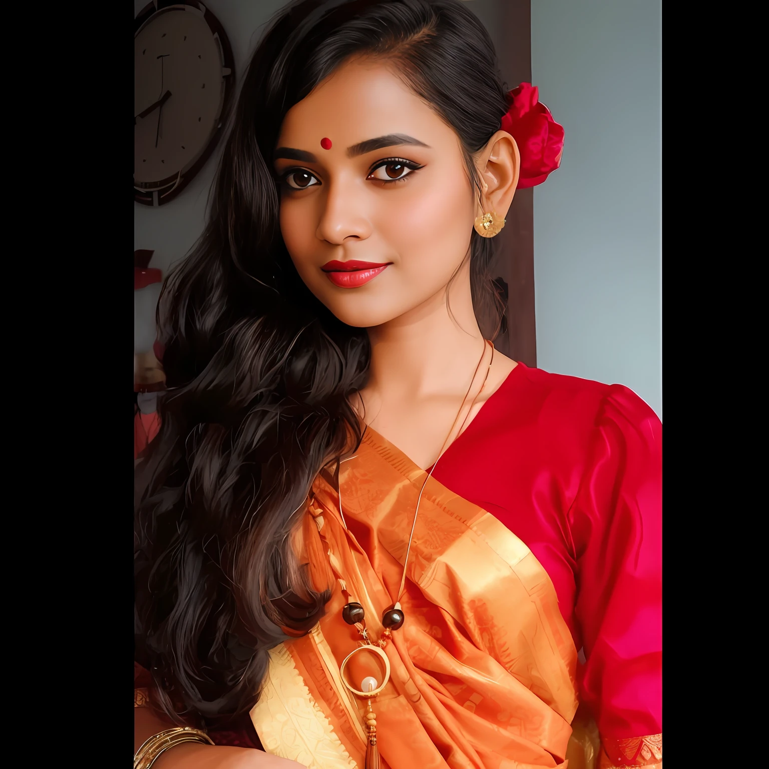 a close up of a woman wearing a red and orange sari, traditional beauty, assamese aesthetic, with lovely look, inspired by T. K. Padmini, traditional makeup, indian girl with brown skin, wearing a steampunk sari, with professional makeup, dressed in a sari, wearing bihu dress mekhela sador, indian, indian style, wearing a sari