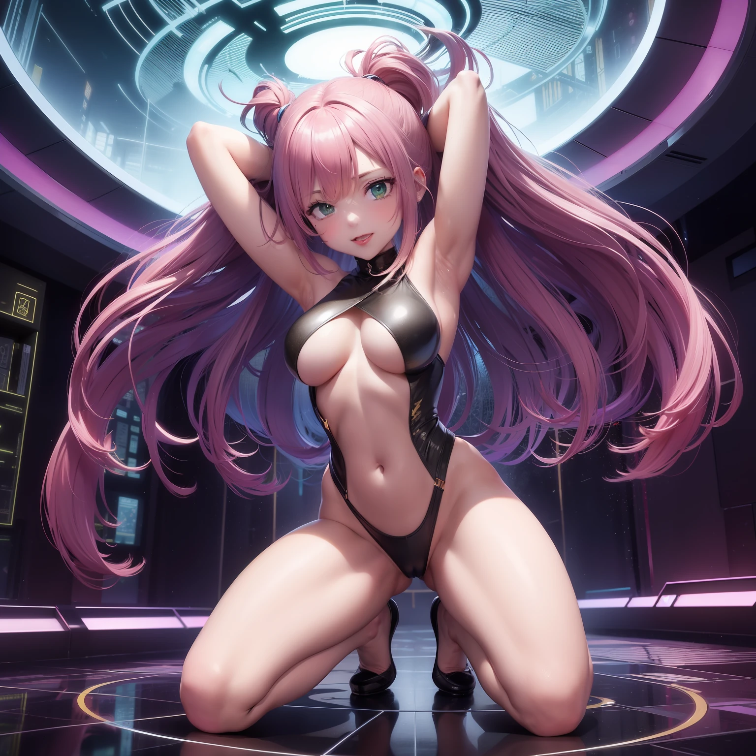 high image, super detail, high resolution, view from directly below, arms up armpit, squat with your legs wide open, anime, manga, illustration, beautiful woman, ecstatic expression, amorous expression, seductive look, flowing layered messy wavy ponytail pink hair, sparkling emerald green sharp eyes, huge breasts, under boob, great proportion, perfect proportion, slender, full body, background basement, fantasy, give off rainbow and gold neon light many lines radially from floor and ceiling, cyber punk, small window, thunder, thunderstorm