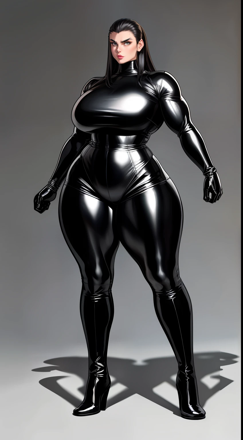 tmasterpiece,Burly woman,Exaggerated large muscles,Long-sleeved latex clothing,blackstockings,Leather boots, ,latex glove,standing on your feet, beautiful attractive face,Full body like, Single female,Very fair skin,Thin waist,Very broad shoulders, Strong and powerful arms,Stout arms,Strong and powerful leg muscles,looking to the camera
