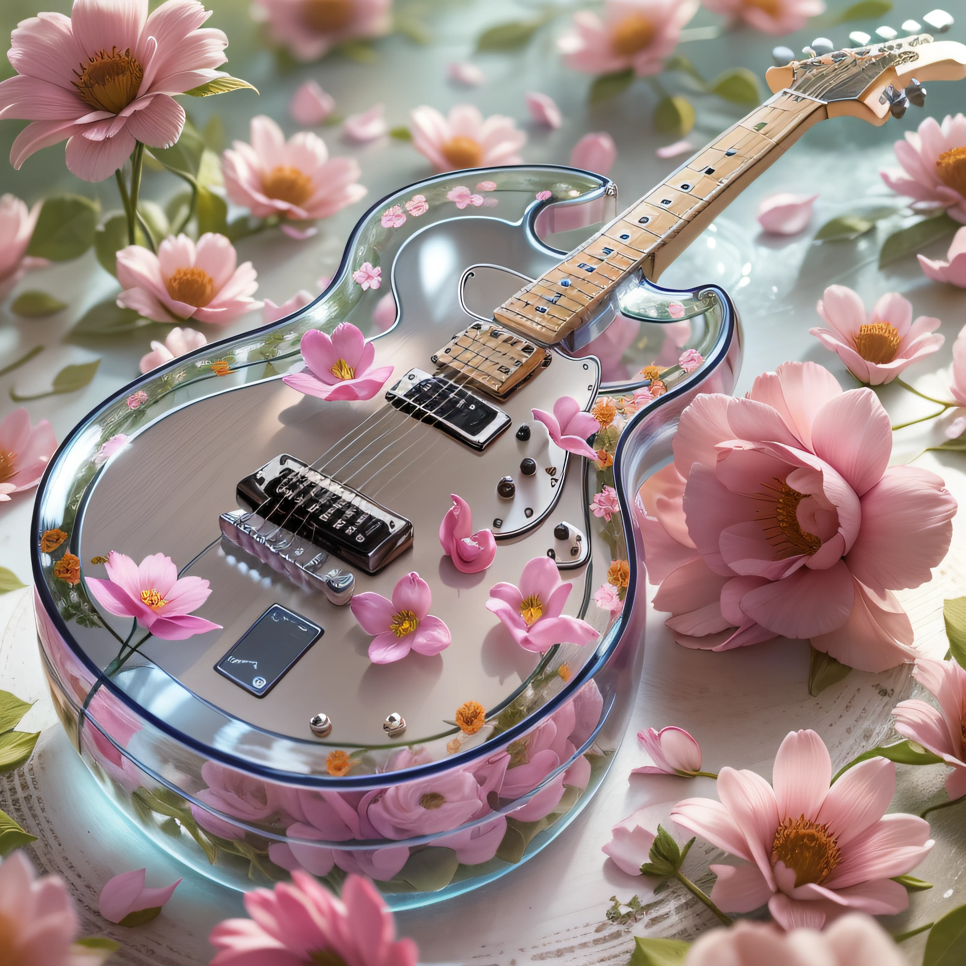 transparent guitar and inside it closed beautiful flowers