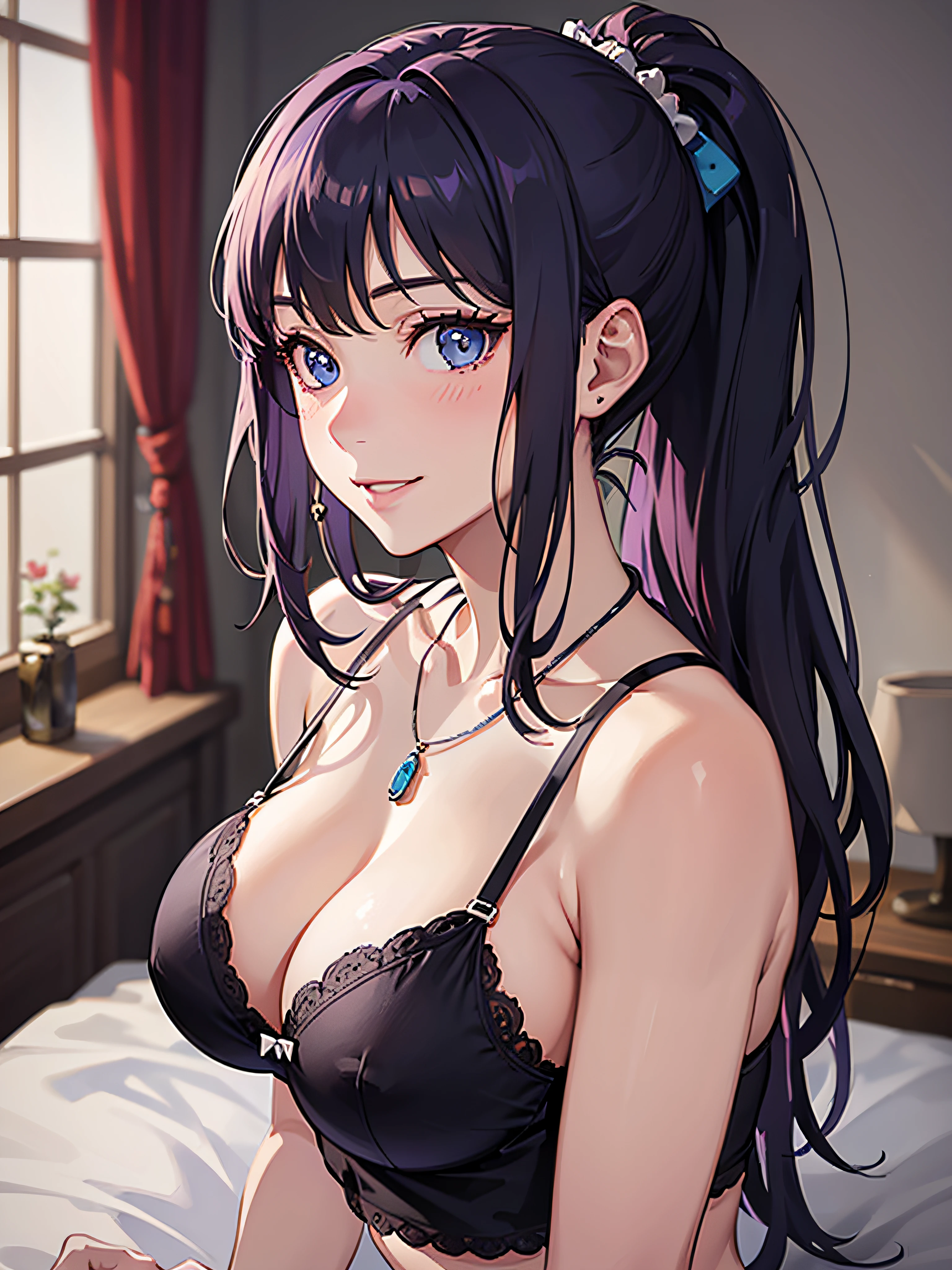 (masterpiece, best quality, ultra-detailed, highly detailed), (realistic textures:0.9), (nsfw:0.9), Japanese character, anime style, sitting on a bed, bedroom, 1woman, 1girl, solo, 20 years old, purple hair, long hair, ponytail, (perfect eyes:1.2, detailed eyes), blue eyes, parted bangs, sexy woman, oppai, (big breasts:1.4), smile, bow, (bikini, lingerie, black lingerie, black bra), embarrassed, (blushing:1.2), vibrant colors, natural lighting, RTX, beautiful, beautiful anime girl, (detailed face:1.2), showcase,(photorealistic:1.2), 8k uhd, 8k wallpaper, looking at viewer, indoors, simple backround, smooth anime cg art, (perfect body, half body, busty), necklace