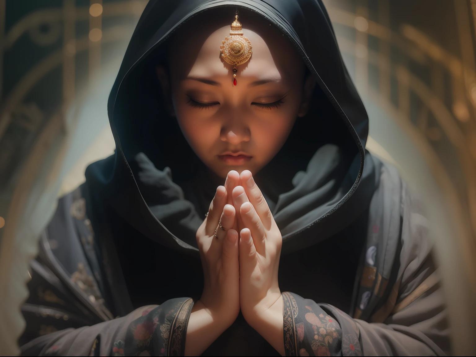 Woman Praying　Huza　monks　the buddha, bald, bald girl, forehead jewel, eyeball, wide eyes, serious, Asian Beauties, Surrealism, Art Deco, high detail, Romanticism, backlighting, depth of field