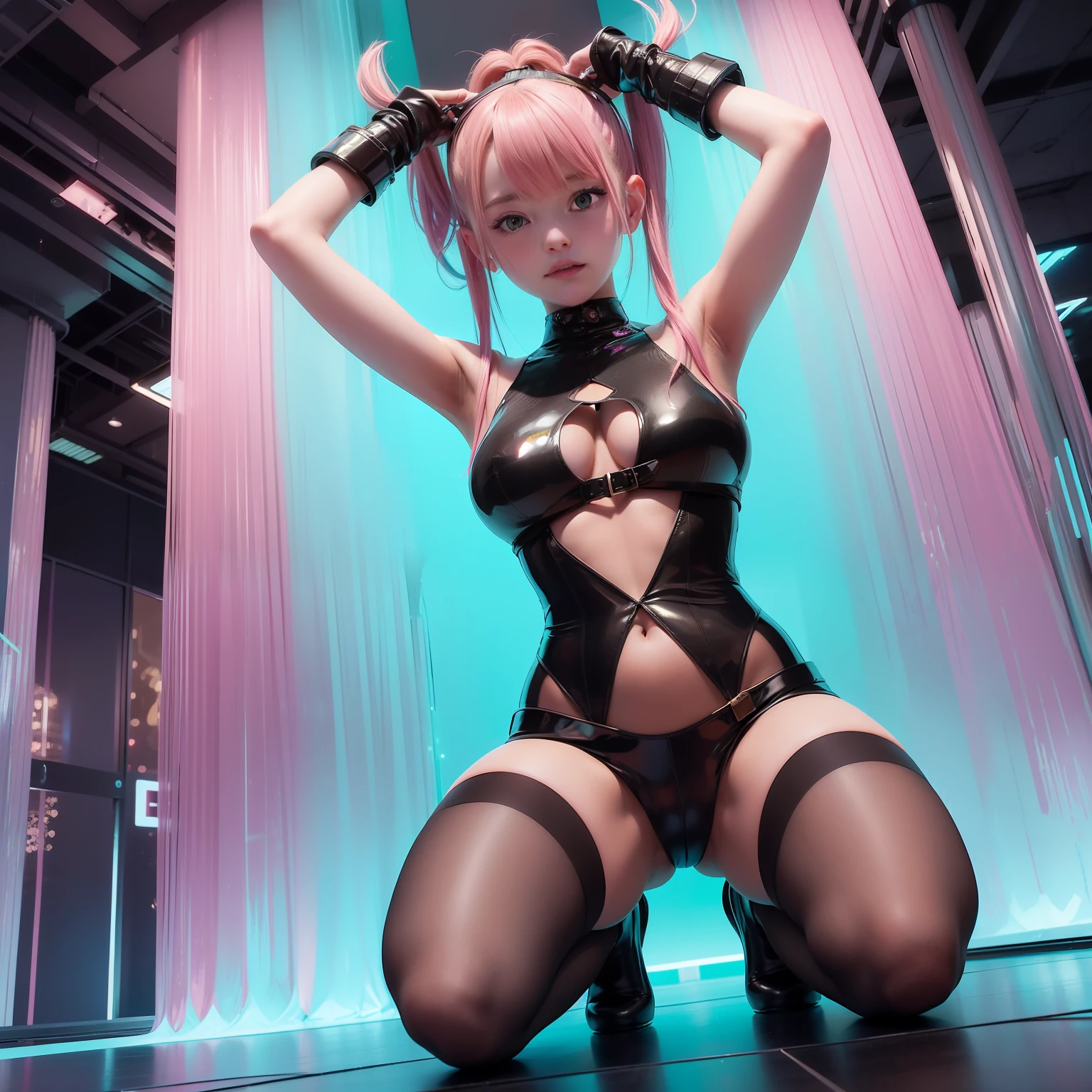 high image, super detail, high resolution, view from directly below, arms up armpit, squat with your legs wide open, anime, manga, illustration, beautiful woman, ecstatic expression, amorous expression, seductive look, flowing layered messy wavy ponytail pink hair, sparkling emerald green sharp eyes, huge breasts, under boob, great proportion, perfect proportion, slender, full body, background basement, fantasy, give off rainbow and gold neon light many lines radially from floor and ceiling, cyber punk, small window, thunder, thunderstorm