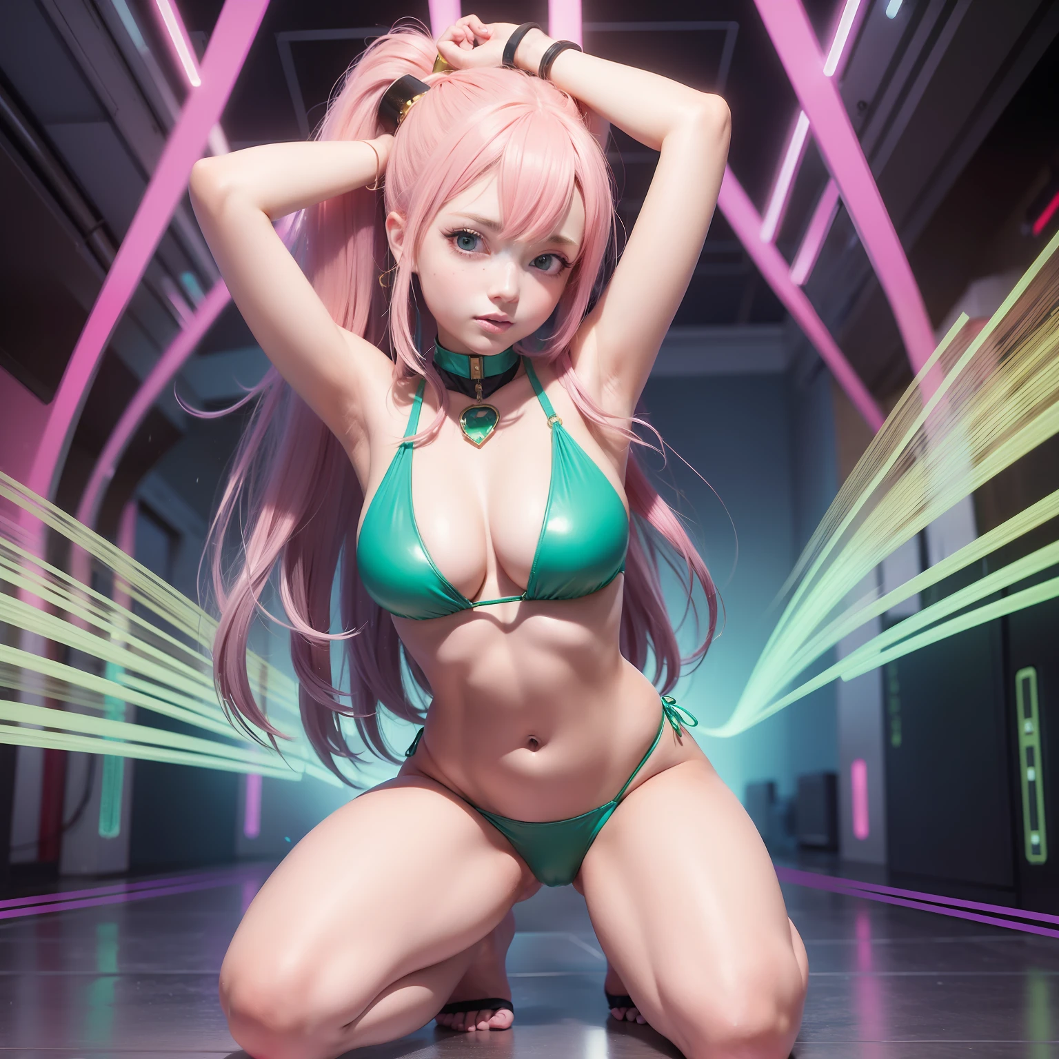 high image, super detail, high resolution, view from directly below, arms up armpit, squat with your legs wide open, anime, manga, illustration, beautiful woman, ecstatic expression, amorous expression, seductive look, flowing layered messy wavy ponytail pink hair, sparkling emerald green sharp eyes, huge breasts, under boob, great proportion, perfect proportion, slender, full body, background basement, fantasy, give off rainbow and gold neon light many lines radially from floor and ceiling, cyber punk, small window, thunder, thunderstorm
