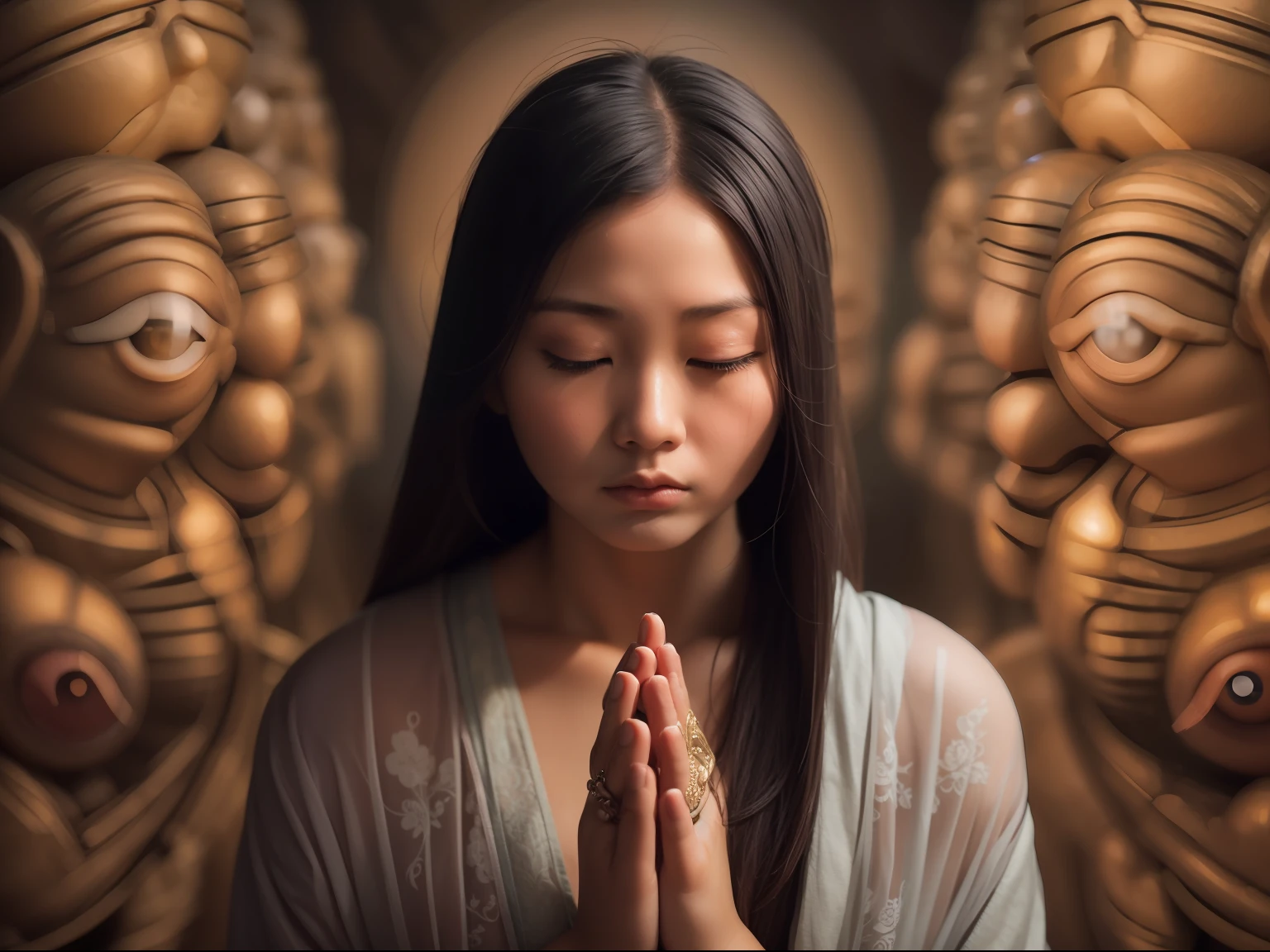Woman Praying　Huza　monks　the buddha, Bald,  eyeballs, wide eyes, Serious, Asian Beauties, high detailing, romanticism, Backlighting,