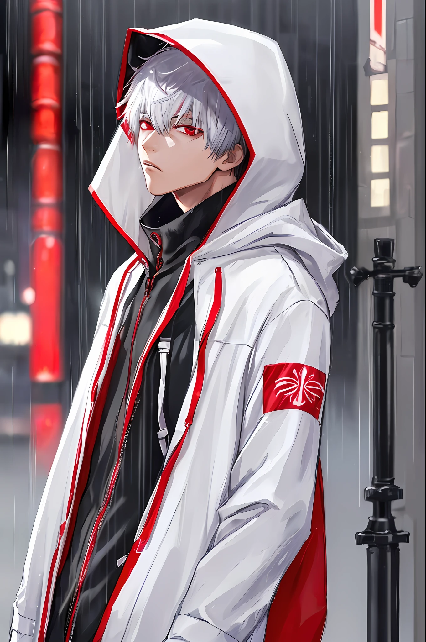 kk, best quality, more details, masterpiece, 1boy, kaneki ken, portrait, male focus, red eyes, solo, bangs, looking at viewer, hood, short hair, rain, tokyo tokyo \(city\), hood up, nail polish, white hair, luxurious, 8k, detailed, ray tracing, depth of field, cinematic lighting,