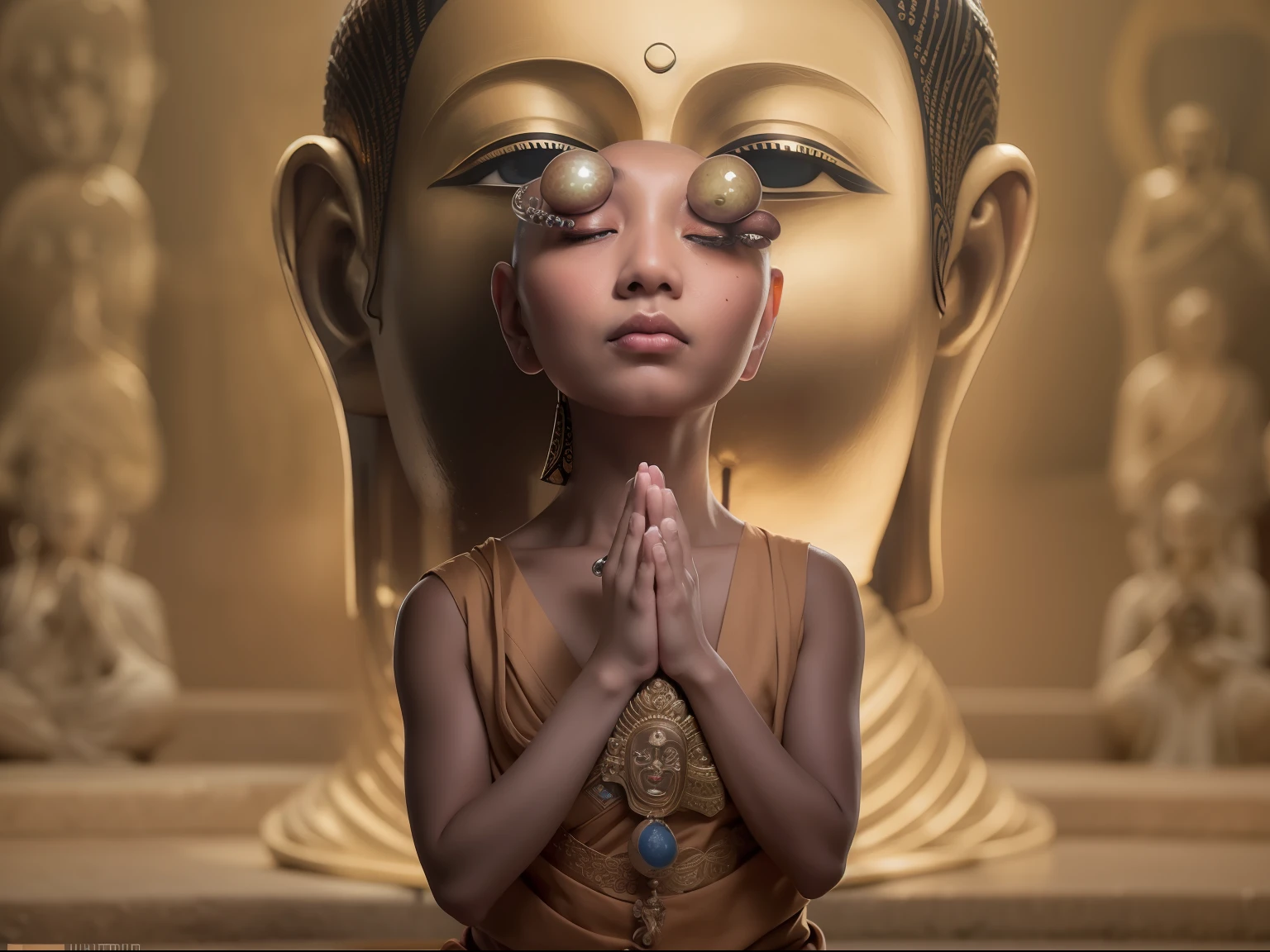 Woman Praying Huza monks the buddha, Bald, eyeballs, wide eyes, Serious, Asian Beauties, high detailing, romanticism, Backlighting,