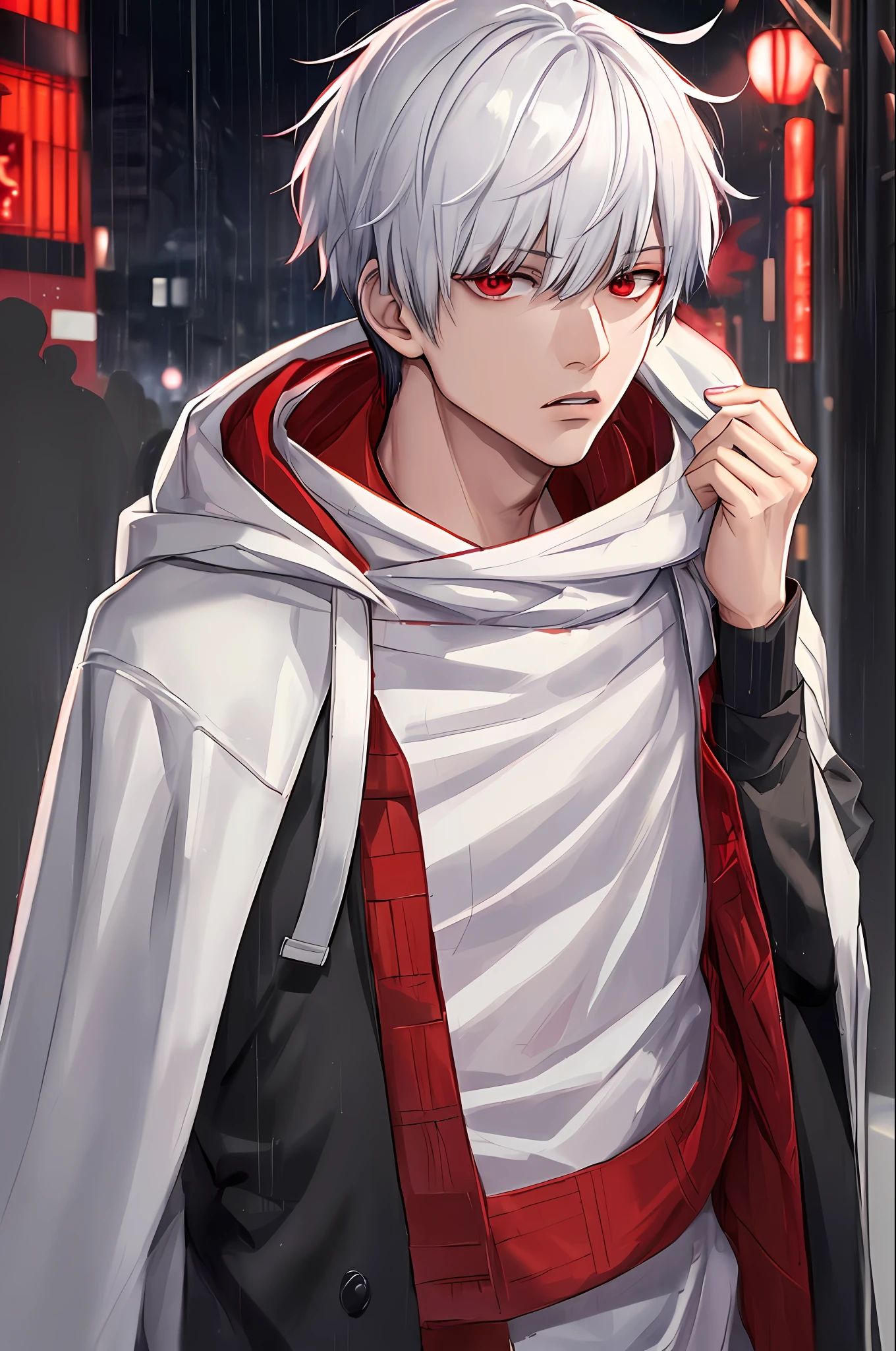 kk, best quality, more details, masterpiece, 1boy, kaneki ken, portrait, male focus, red eyes, solo, bangs, looking at viewer, hood, short hair, rain, tokyo tokyo \(city\),  hood up, nail polish, white hair, luxurious, 8k, detailed, ray tracing, depth of field, cinematic lighting,