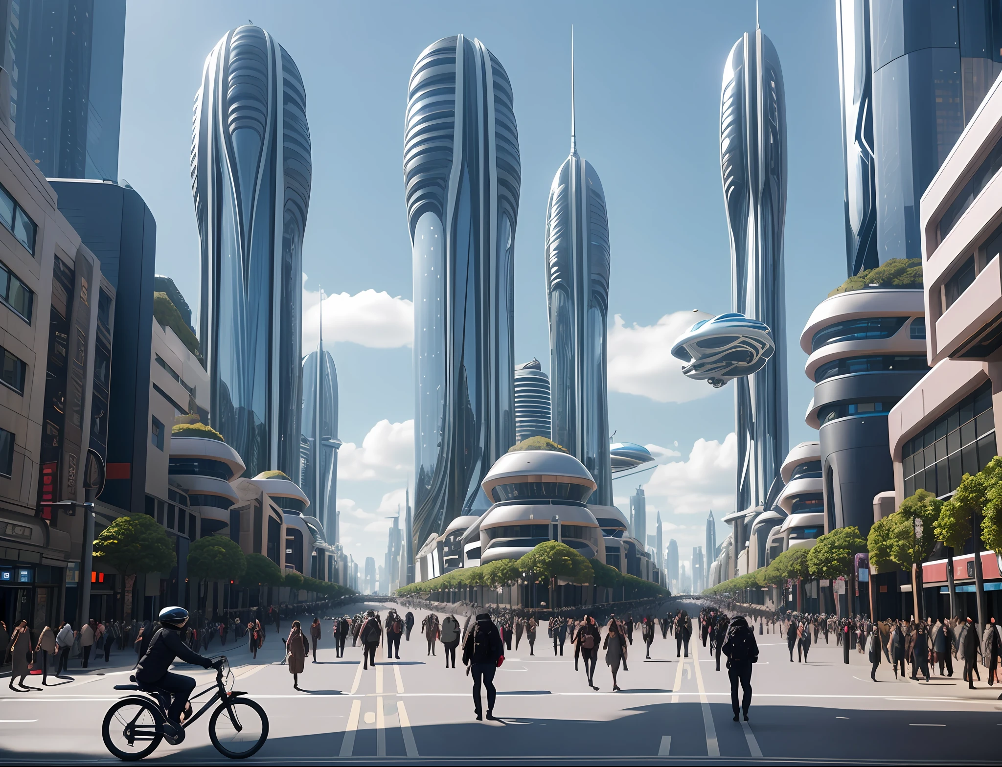 futurecity, day, a bustling city street filled with people walking and riding bicycles. The street is lined with tall buildings, creating a futuristic atmosphere. There are numerous people walking along the sidewalk, some carrying handbags and backpacks. A few individuals are riding bicycles, adding to the lively scene, drones flying, face recognitiond, tv monitors, (masterpiece, best quality, realistic, detailed, sharp:1.2),