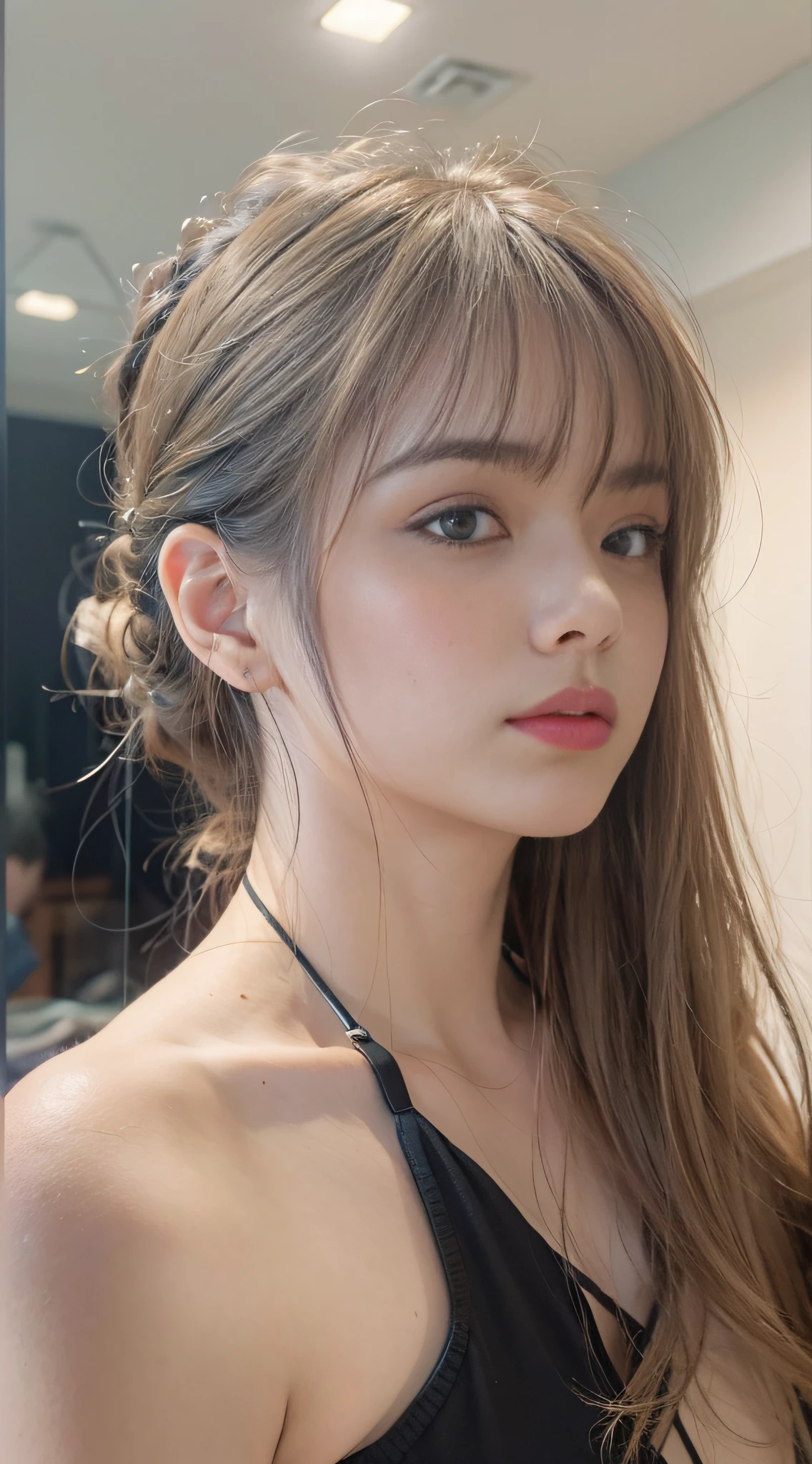 (8K, Masterpiece, Best quality), (Realistic, Photorealistic :1.2), 超高分辨率, Very detailed, Beautiful lighting, Photo background, 1girll, Solo, Looking at the audience, (full bodyesbian: 1.2), Masterpiece,highest quality, fittingroom,The long-haired, fittingroom, Close-up,Selfie feeling