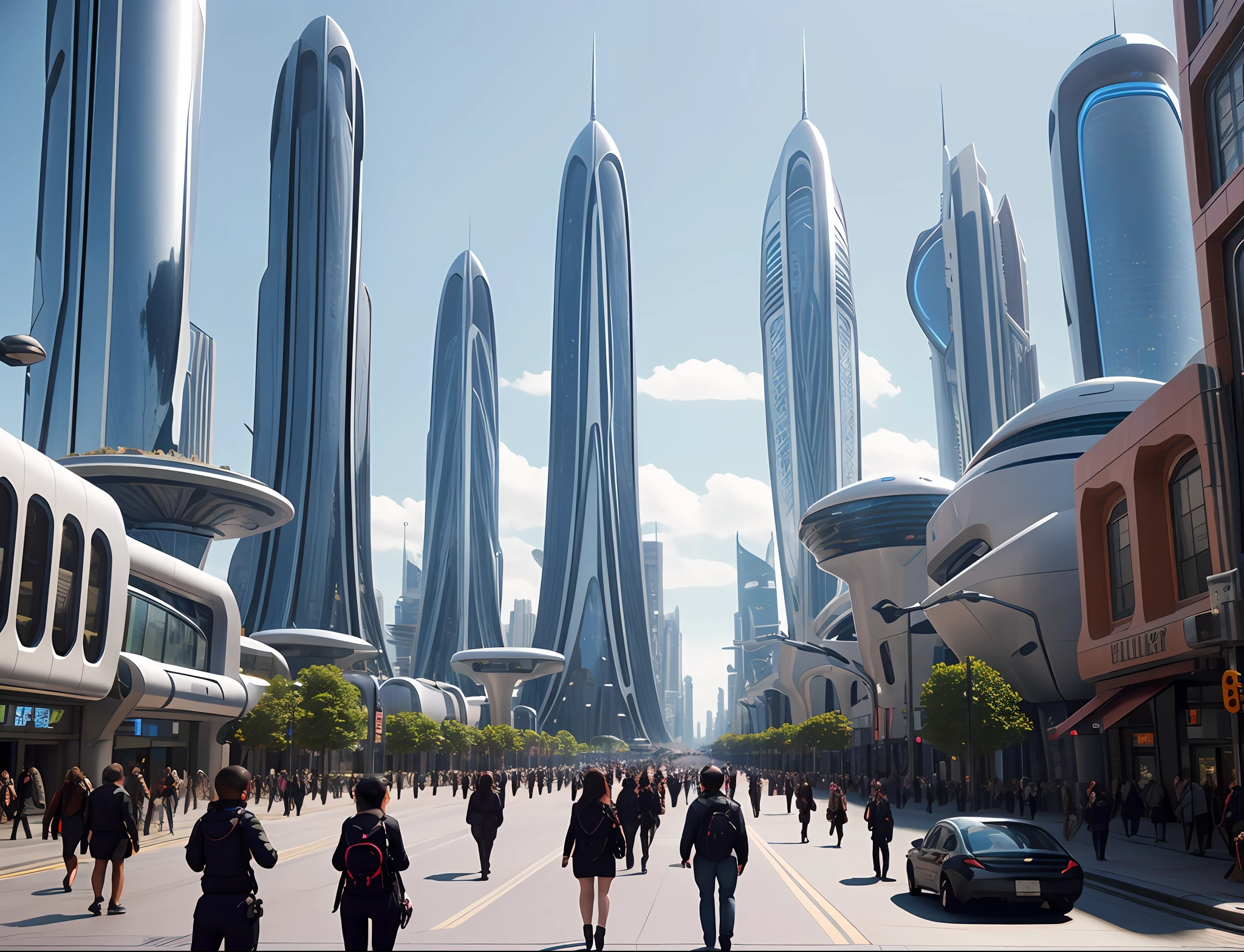 futurecity, day, a bustling city street filled with people walking and riding bicycles. The street is lined with tall buildings, creating a futuristic atmosphere. There are numerous people walking along the sidewalk, some carrying handbags and backpacks. A few individuals are riding bicycles, adding to the lively scene, drones flying, face recognitiond, tv monitors, (masterpiece, best quality, realistic, detailed, sharp:1.2),