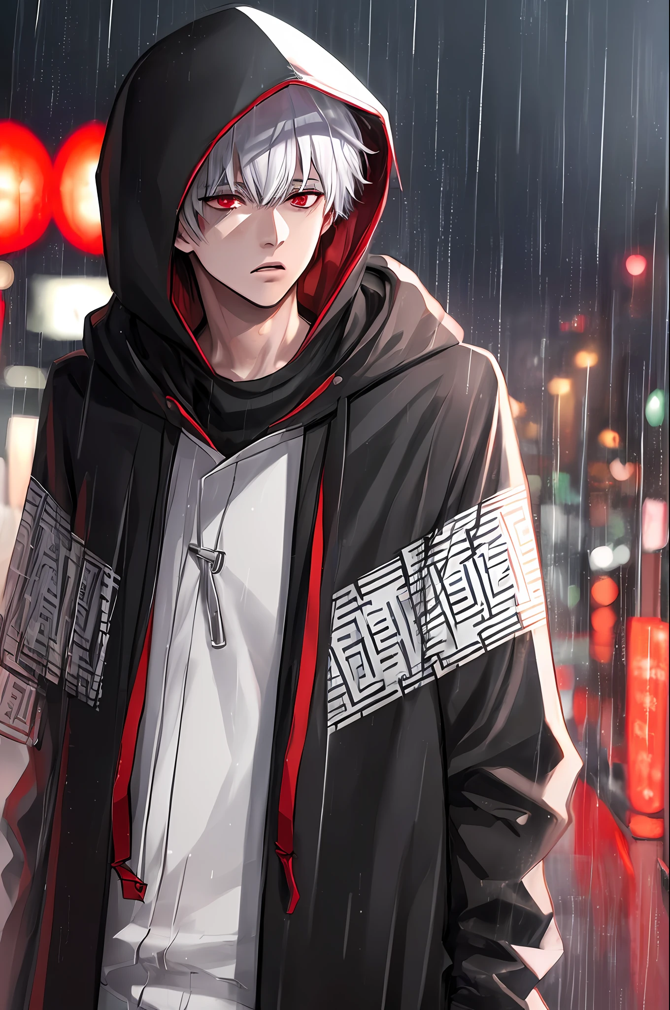 kk, best quality, more details, masterpiece, 1boy, kaneki ken, portrait, male focus, red eyes, solo, bangs, looking at viewer, hood, short hair, rain, tokyo tokyo \(city\),  hood up, nail polish, white hair, luxurious, 8k, detailed, ray tracing, depth of field, cinematic lighting,