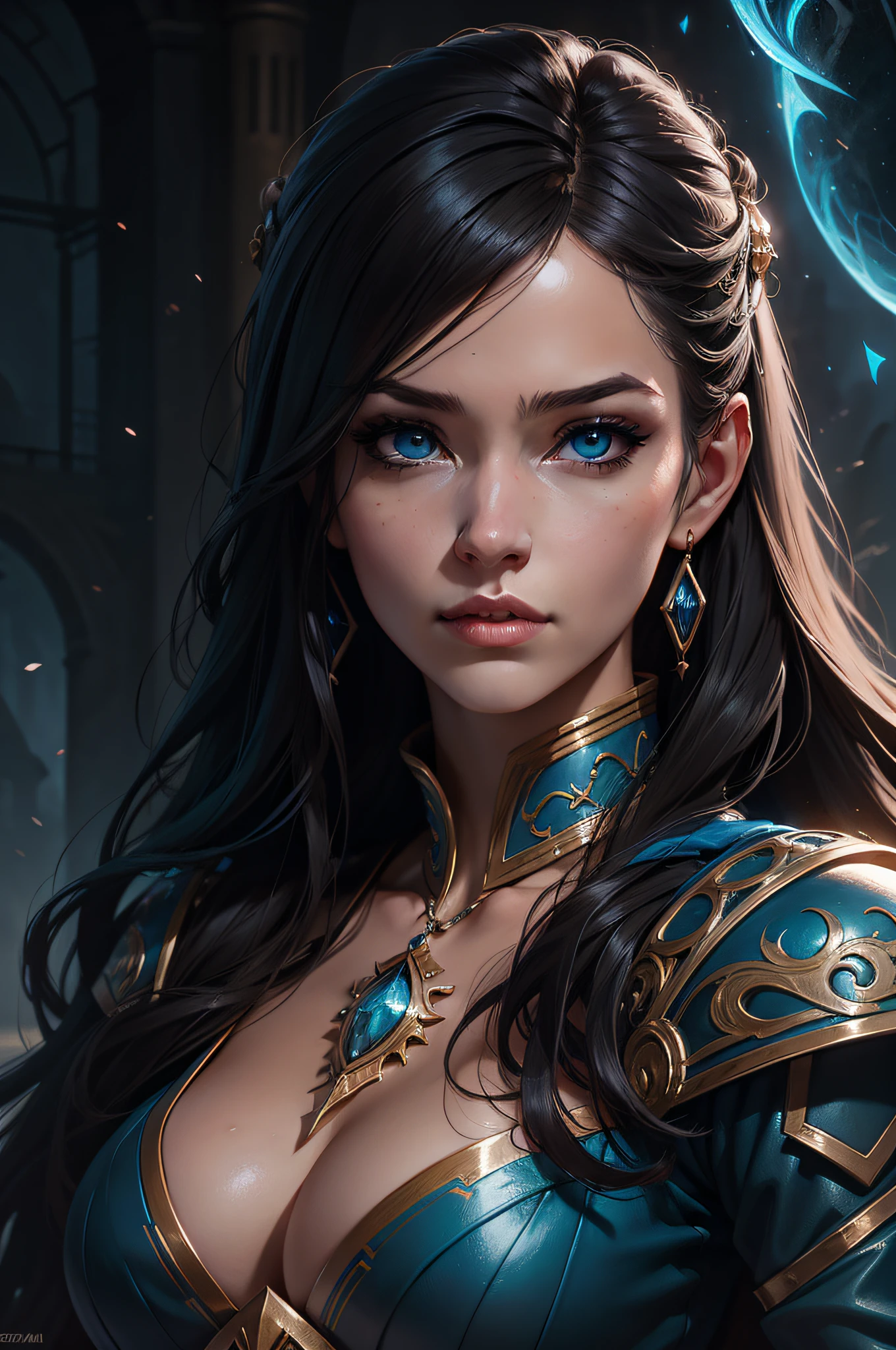 Un primer plano de una mujer con ojos azules y una espada, Fantasy art style, Detailed Matte Fantasy Portrait, 4K fantasy art, fantasy concept art portrait, epic fantasy art style, Detailed fantasy art, Epic Fantasy Art Style HD, Artgerm detallado, Fantasy Art Portrait, epic fantasy digital art style, epic fantasy art portrait, Neoartcore y Charlie Bowater