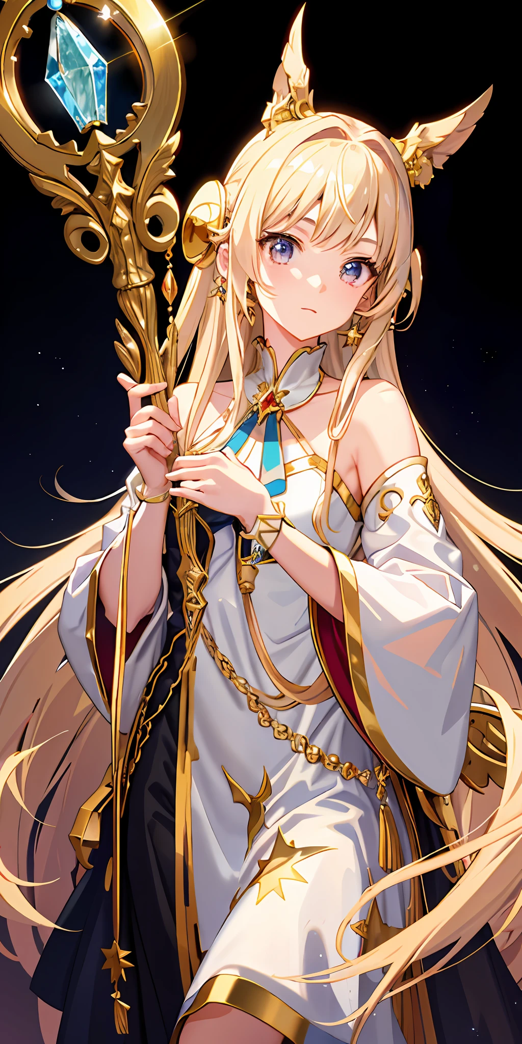whaite hair,Anime shoujo,head gear,ear jewelry,Neck ornaments,hands ornaments,starryskybackground,magical staff,Golden light,high high quality,delicated,A high resolution,illustrious