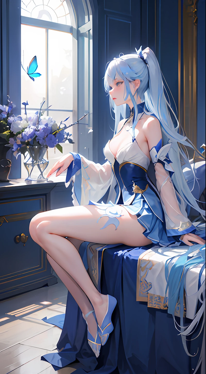8K分辨率,Refined features,s the perfect face,Glowing skin,high detal,blue skirts,long white hair,blue color eyes,Flying blue butterflies,Raised sexy,plumw,Upright_straddle,sunraise,Eau,the sideview