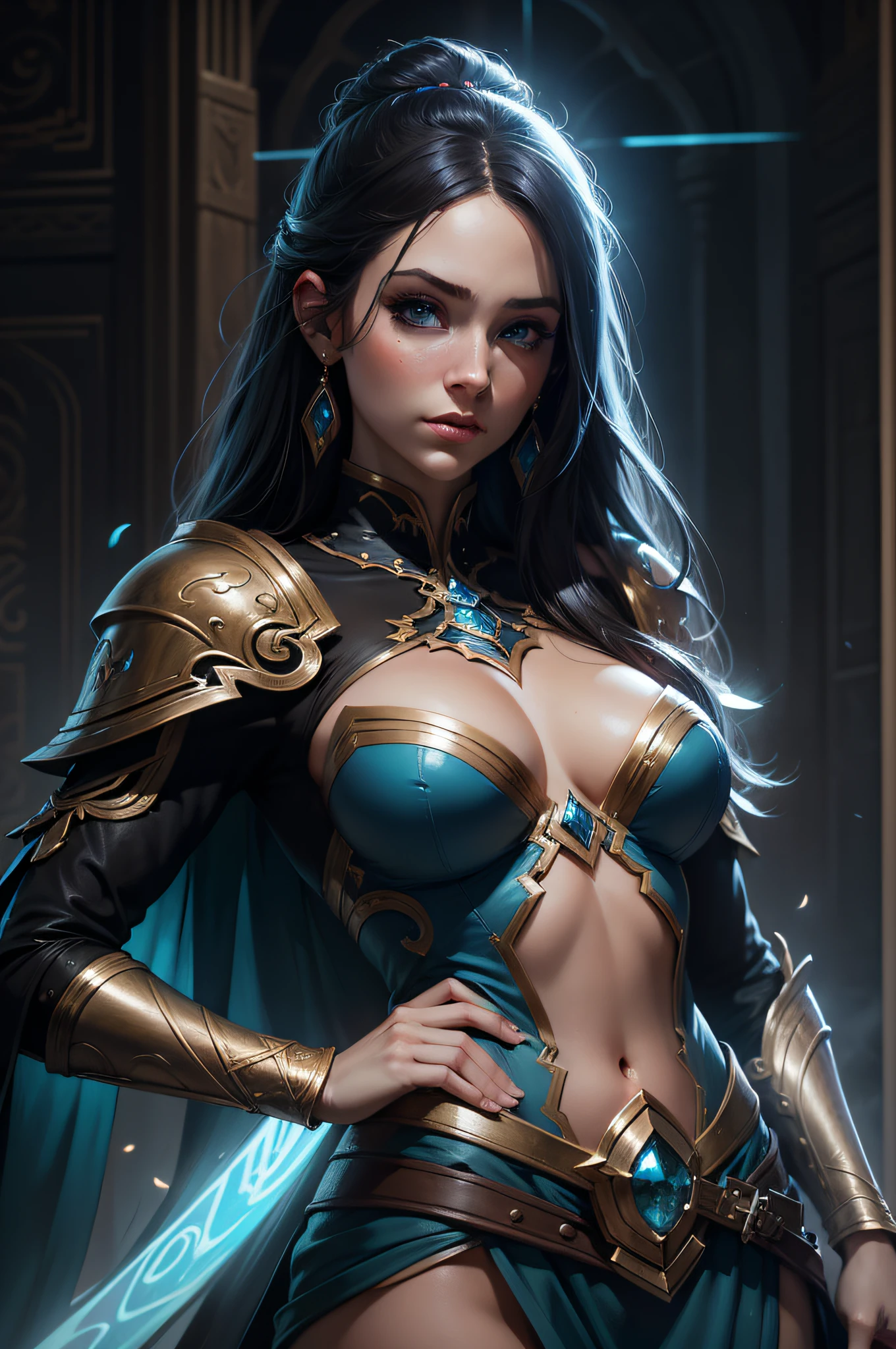 Un primer plano de una mujer con ojos azules y una espada, Fantasy art style, Detailed Matte Fantasy Portrait, 4K fantasy art, fantasy concept art portrait, epic fantasy art style, Detailed fantasy art, Epic Fantasy Art Style HD, Artgerm detallado, Fantasy Art Portrait, epic fantasy digital art style, epic fantasy art portrait, Neoartcore y Charlie Bowater