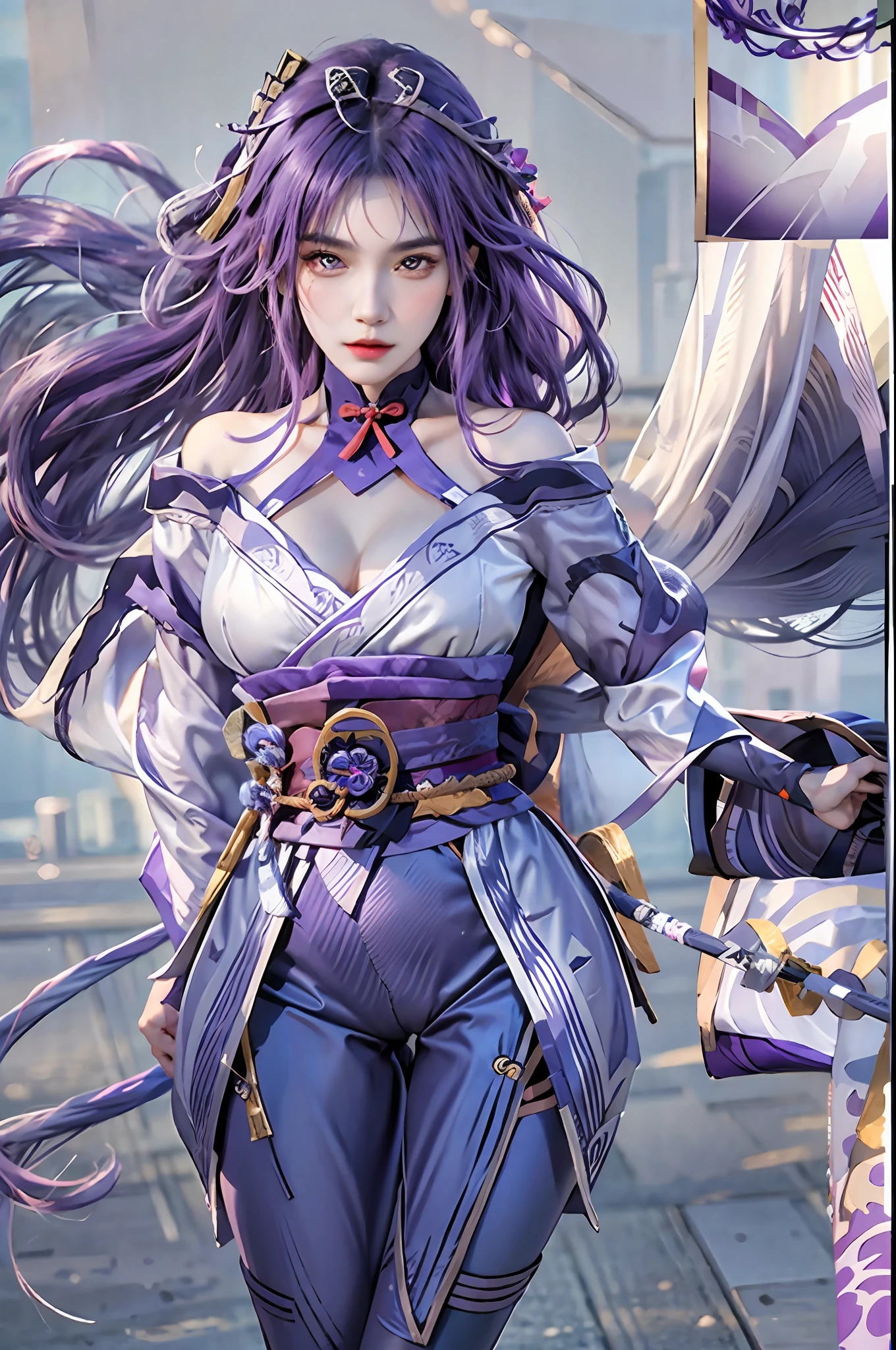 photorealistic, high resolution, 1women, solo, hips up, look at viewer, (detailed face), narrow waist, closed lips, purple hair, long hair,Raiden Shogun \(genshin impact\), jewelry