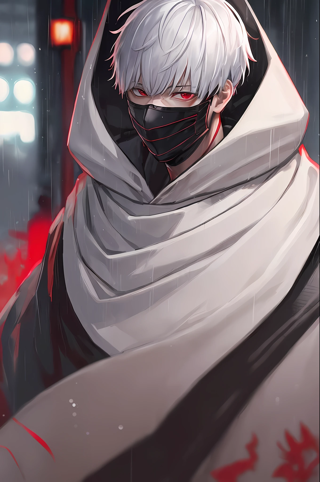 kk, best quality, more details, masterpiece, 1boy, kaneki ken, portrait, male focus, red eyes, solo, bangs, looking at viewer, hood, short hair, rain, tokyo tokyo \(city\),  hood up, nail polish, white hair, luxurious, 8k, detailed, ray tracing, depth of field, cinematic lighting,