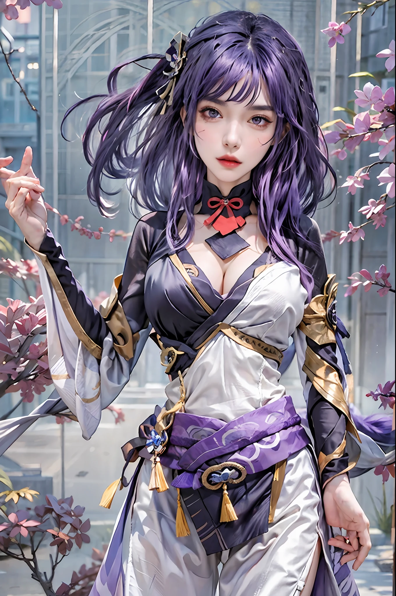 photorealistic, high resolution, 1women, solo, hips up, look at viewer, (detailed face), narrow waist, closed lips, purple hair, long hair,Raiden Shogun \(genshin impact\), jewelry